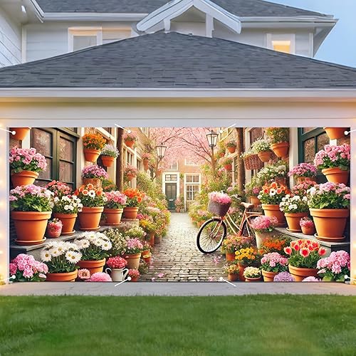 Nuxovilar Spring Garage Door Cover European Flower Alley Bicycle Pot Plant Decor