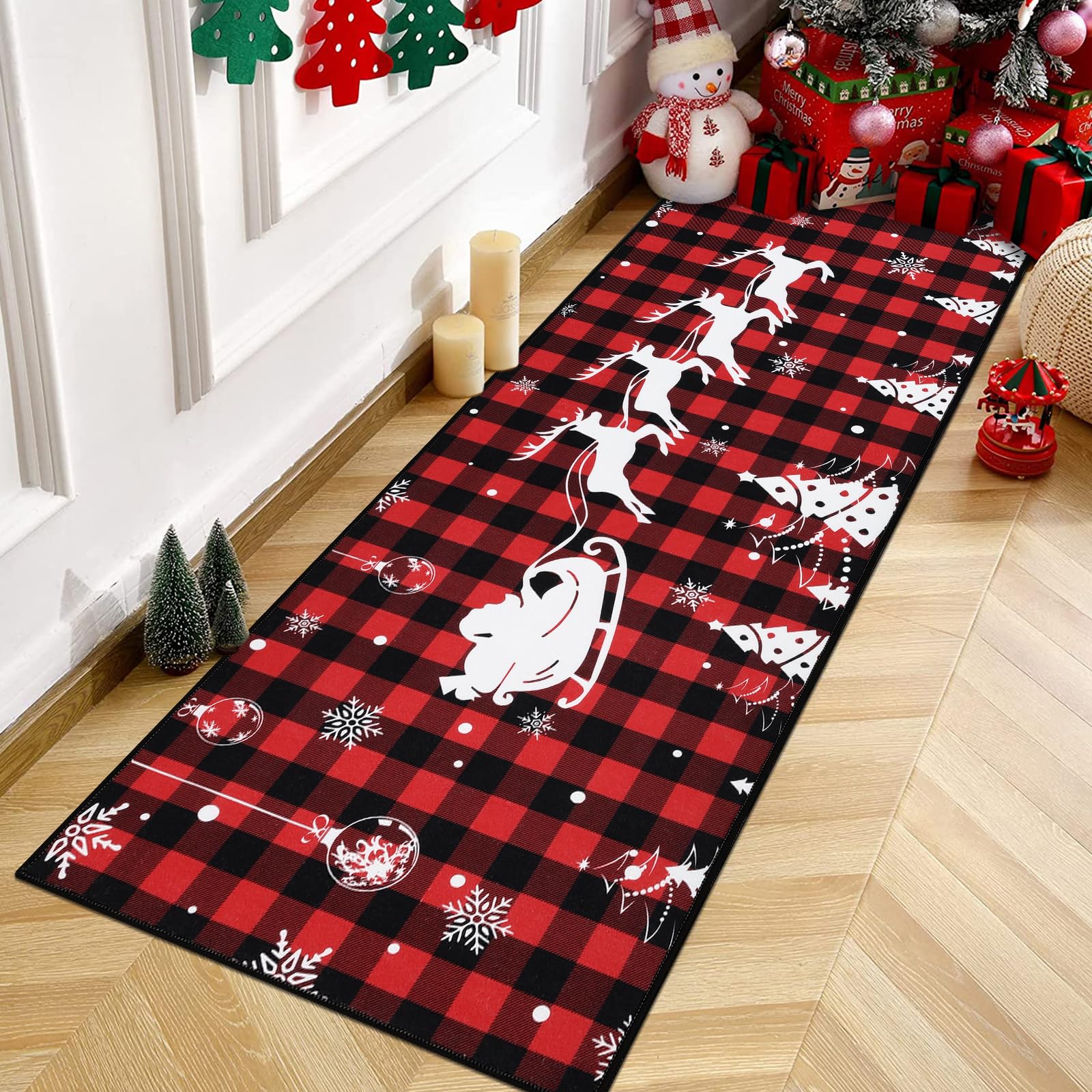 Enyhom Alfombra de Navidad para pasillos, de Perfil bajo, Antideslizante, Lavable a máquina, atrapasuciedad, Duradera, Suave, para Entrada, Cocina, Dormitorio