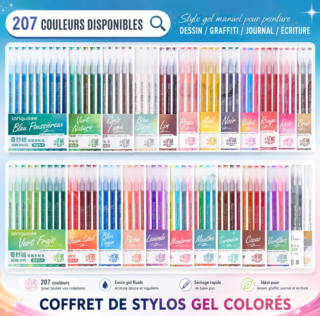 Languo - Lot de 213 Stylos Gel Couleurs - Stylo Gel pour Dessin, Coloriage, Griffonnage, Artisanat, Scrapbooking, journaling, loisirs créatifs