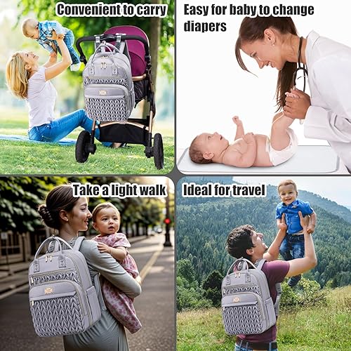 Miniatura 7 de Mochila para pañales, elegante bolsa de pañales para bebé, mochila de pañales de viaje impermeable con cambiador, correas para cochecito, Gris,