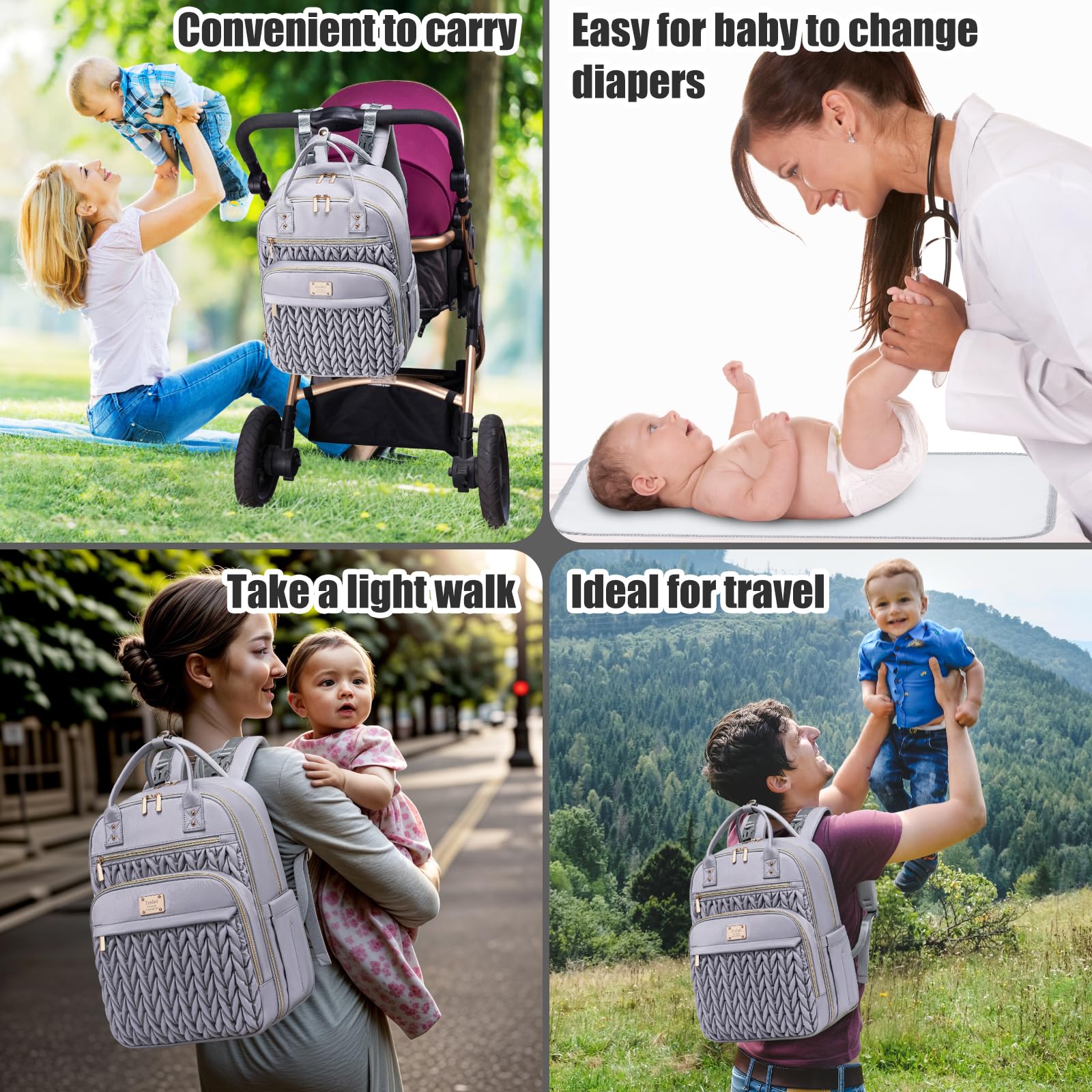 Tealari Wickeltaschen-Rucksack, stilvolle Baby-Wickeltasche, wasserdichter Reise-Wickelrucksack mit Wickelunterlage, Kinderwagengurten