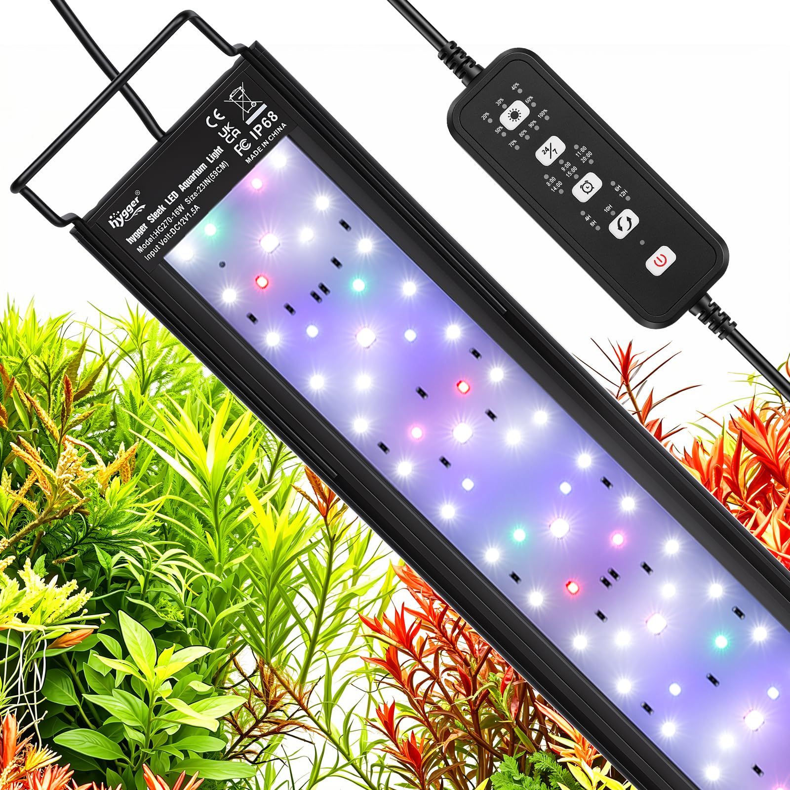 hygger Lampe LED pour aquarium 24h/24, 7j/7, éclairage à spectre complet 16 W avec supports 12 couleurs et 9 niveaux de luminosité pour eau douce (63-76 cm)