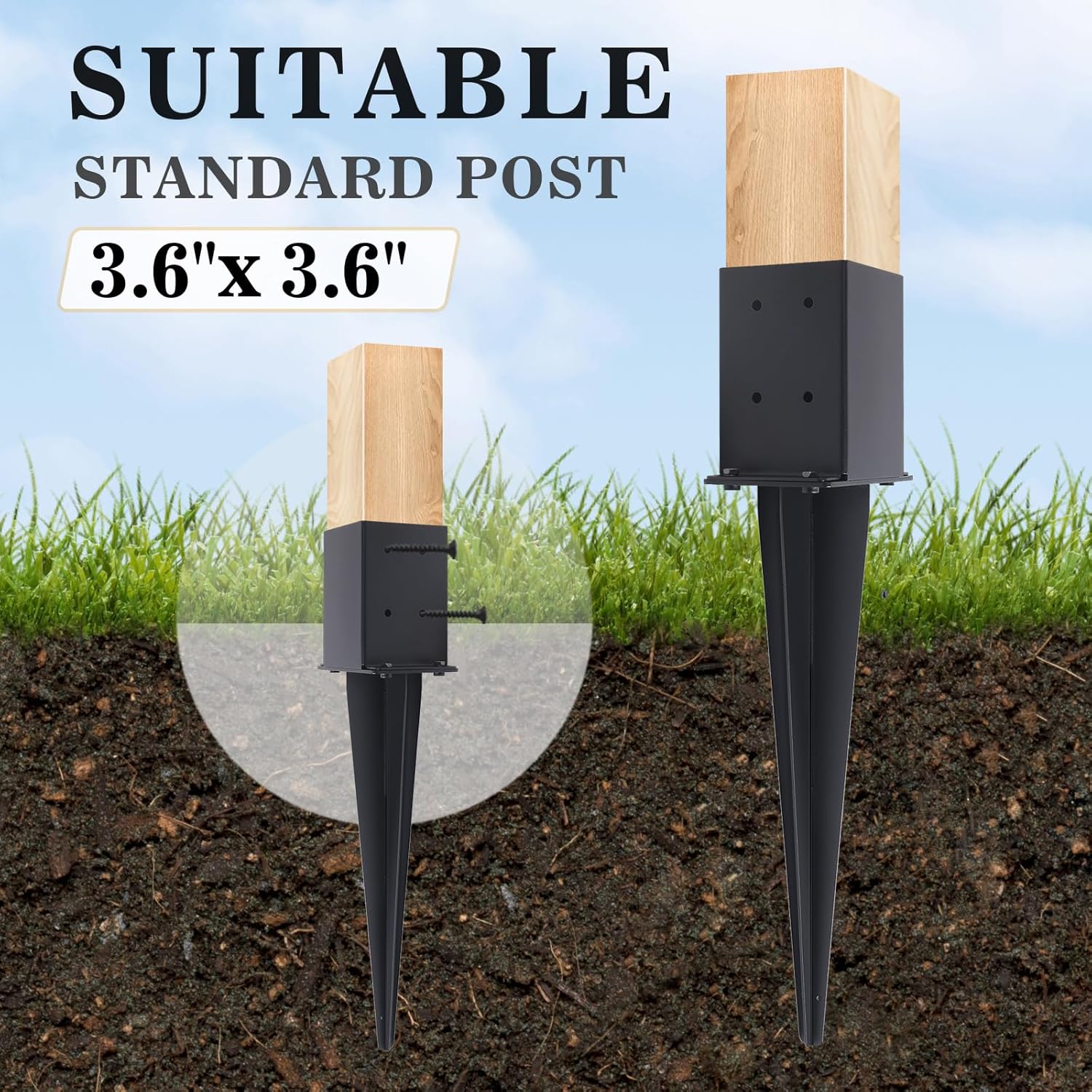 4 Pcs 4 "x 4 "Fence Post Anchors Ground Spike (Actual 3.6 ” X 3.6”),Heavy Duty Metal Fence Stakes Post Base 22'' with Black Powder Coated Support for Mailboxes, Fences, Trellis Posts, Banners. - Image 4