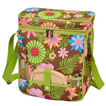 Picnic at Ascot Wine and Cheese Picnic Basket/Cooler with hardwood cutting Board, Cheese Knife and Corkscrew - Floral