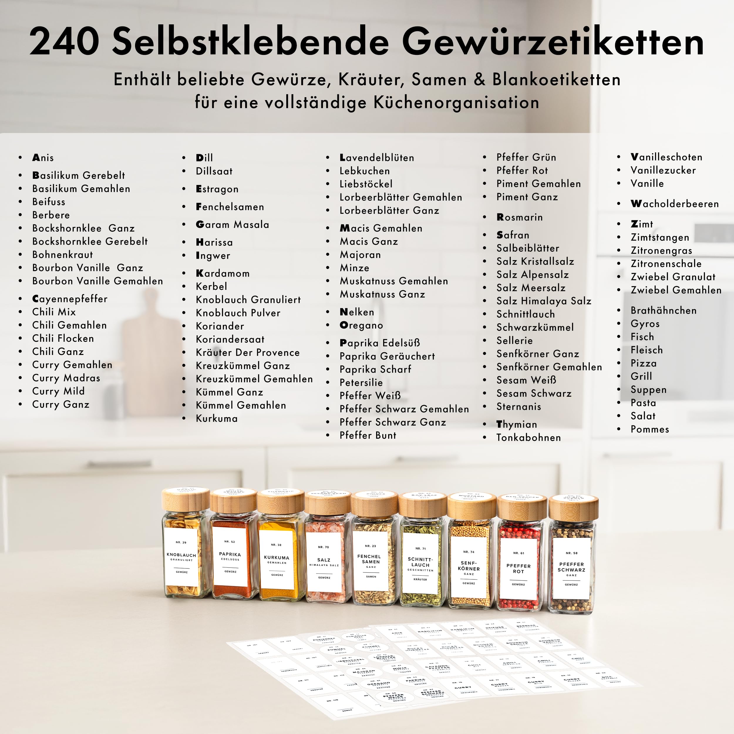 EDELHAUS Gewürzgläser Eckig Set mit Bambusdeckel (24 x 120ml) Gewürzstreuer mit Streueinsatz und 240 Etiketten Weiß - Holzdeckel Gewürzbehälter, Gewürzdosen, Gewürze organizer [11cm x 4,5cm]