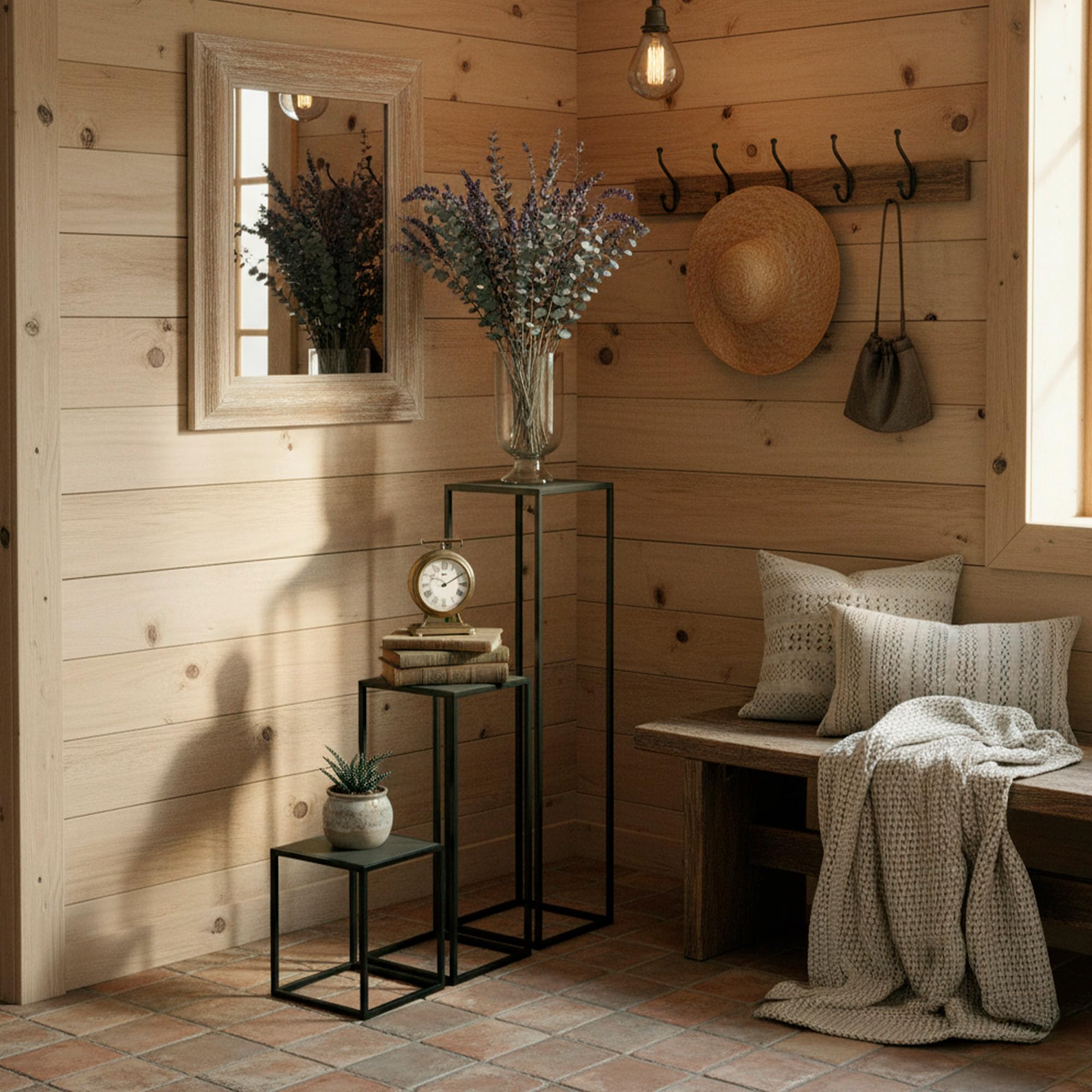 AKTIVE Max Home Set 3 tavolini quadrati 30x30x90 cm, 26x26x60 cm e 22x22x30 cm, peso max. 3 kg, legno grigio, gambe in metallo nero, per soggiorno, camera da letto, ingresso (18516)