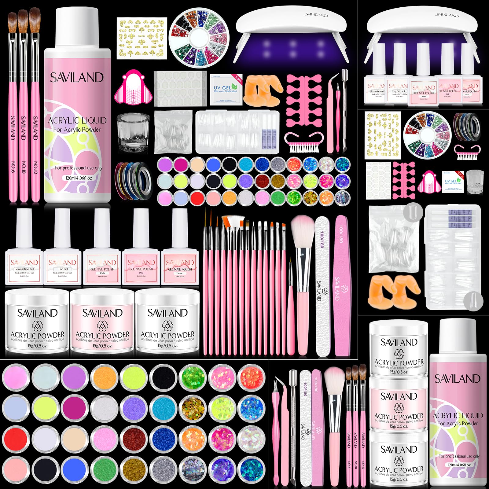 SAVILAND Acrylic Nail Kit with Everything: Nails Kit Acrylic Set for Beginner 3 Color Acrylics Powder Gel Polish Set 36pcs Glitter Powder Nail Decoration Foldable U V Lamp Professional Set