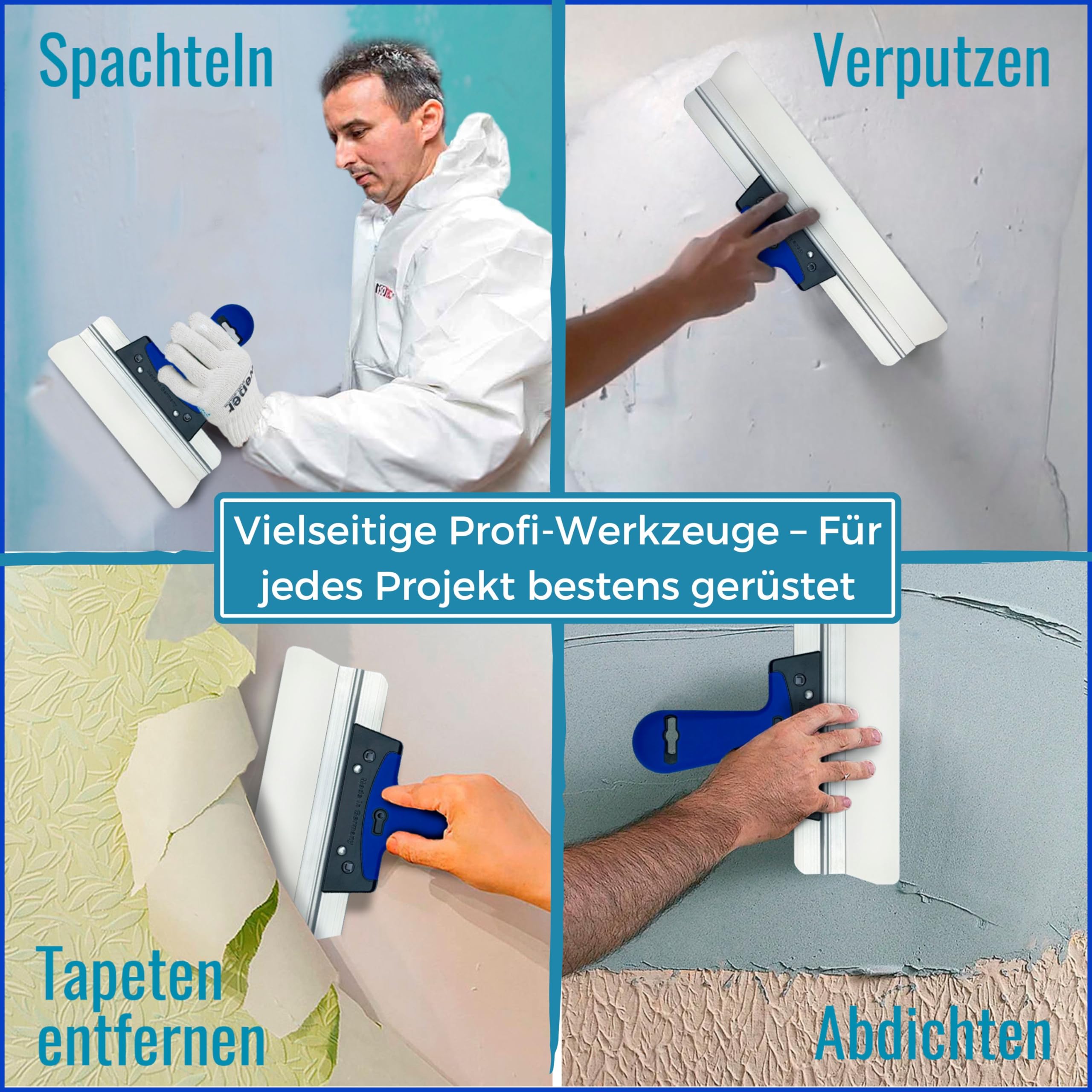 Made in Germany, set spatole alta qualità, 400 mm e 250 mm, per stuccare, intonacare e rimuovere carta da parati, piastra 2K, impugnatura morbida. (SET)