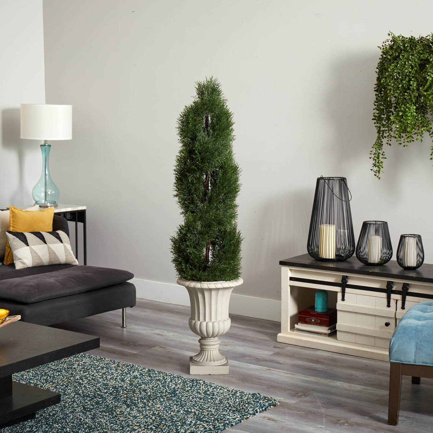 Winter Elegance 5ft Double Spiral Cypress Topiary in Sand Urn