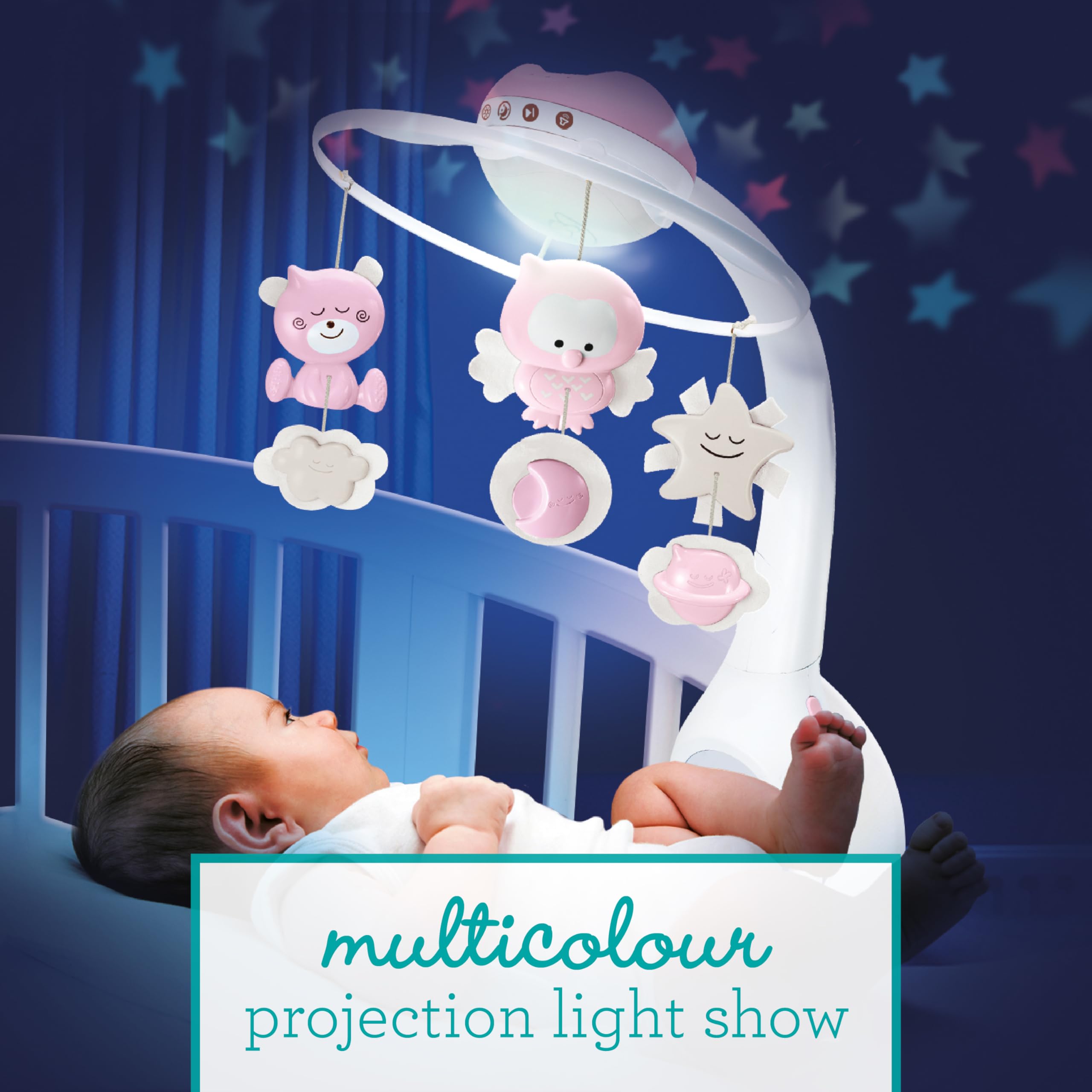 Infantino Proyector Musical Móvil 3-en-1 Convertible, Luz Nocturna y Proyector Infantil para Cuna, Modo Despertador para Simular la Luz del Día, 6 Melodías & 4 Sonidos de la Naturaleza, Rosa