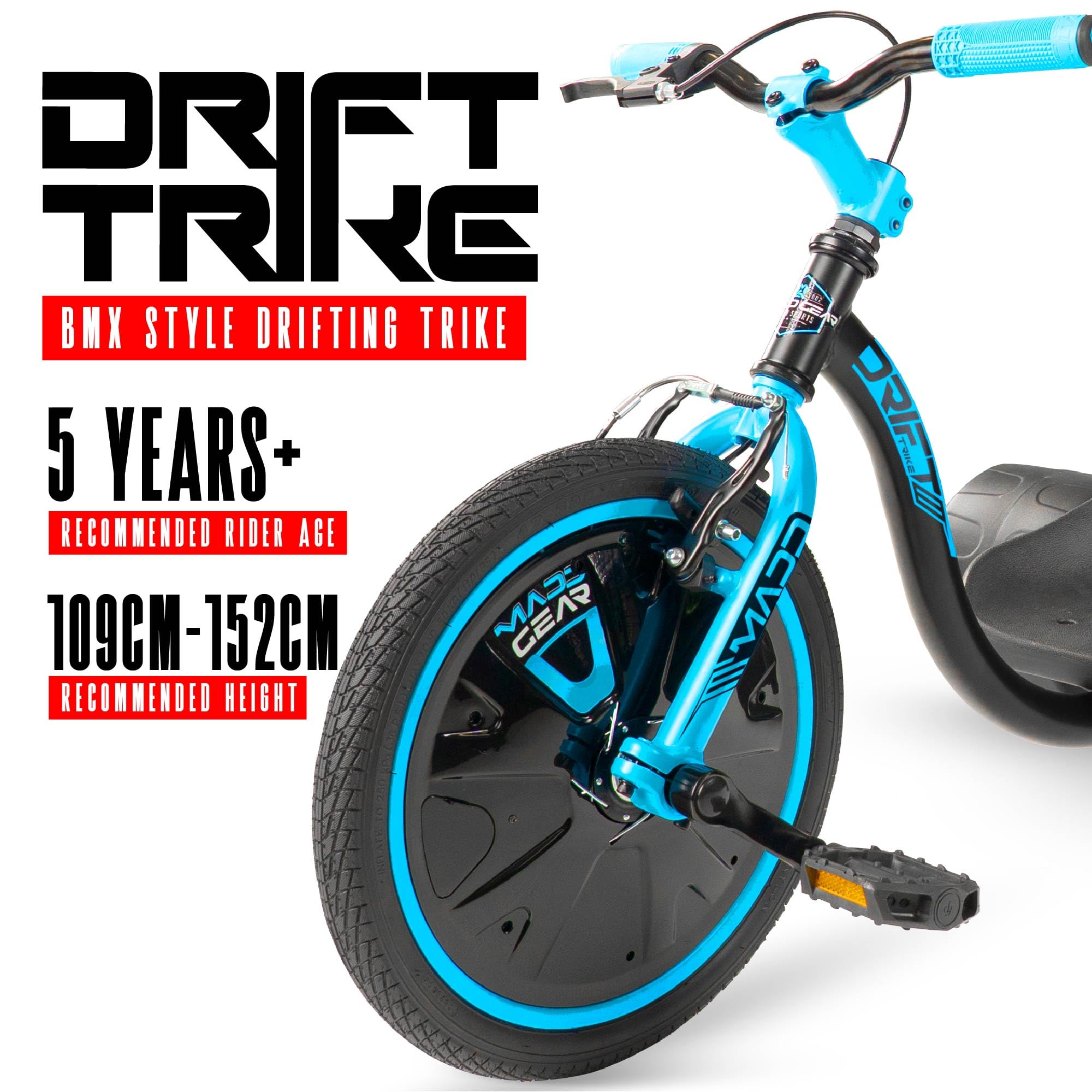 Drift Trike para niños a partir de 5 a 16 pulgadas con rueda grande con asiento ajustable, marco de acero, ruedas traseras y bandera de seguridad, Madd Gear (negro azul)