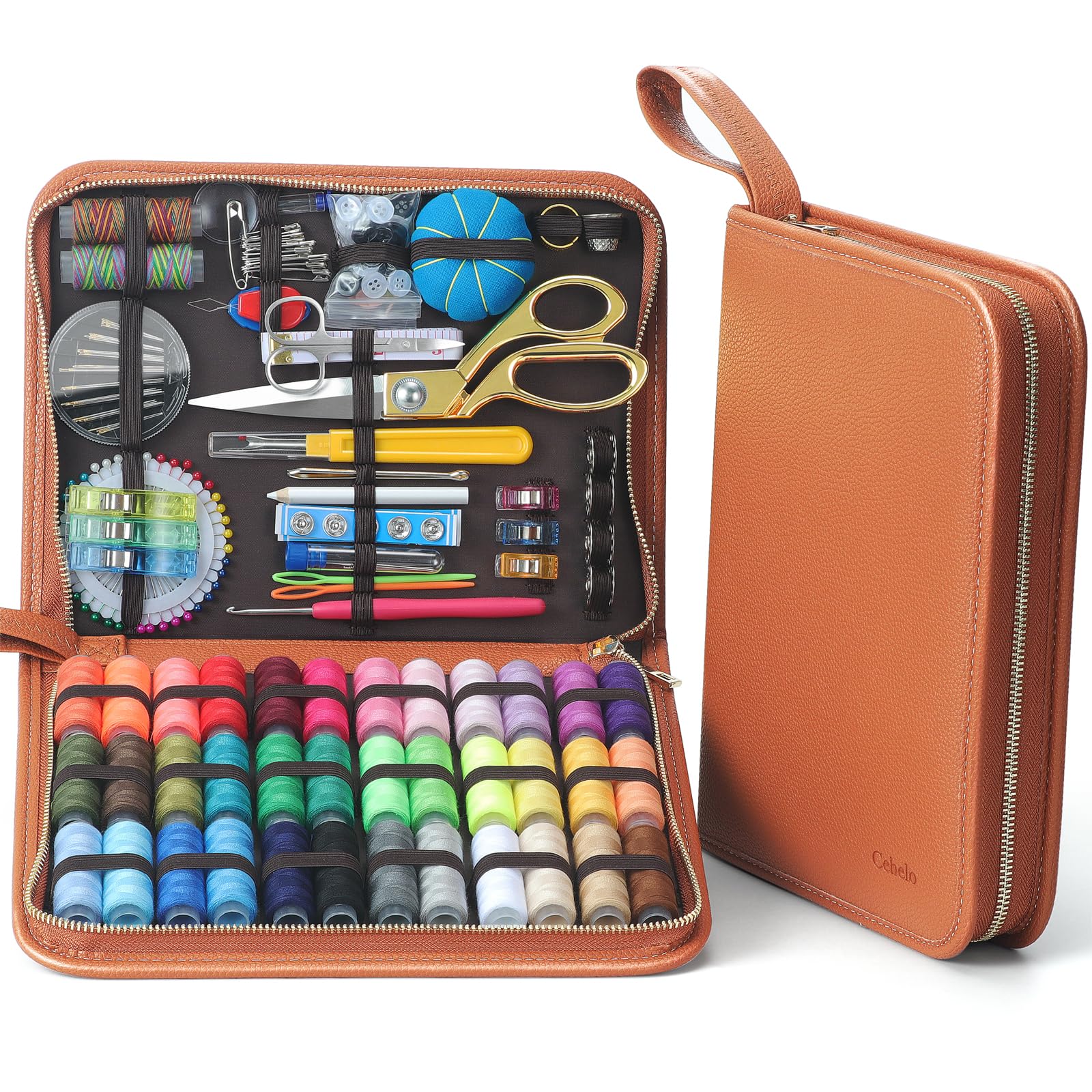 Cebelo Large Sewing Kit for Adults: 2-Year Supply for Home Mending (Brown)