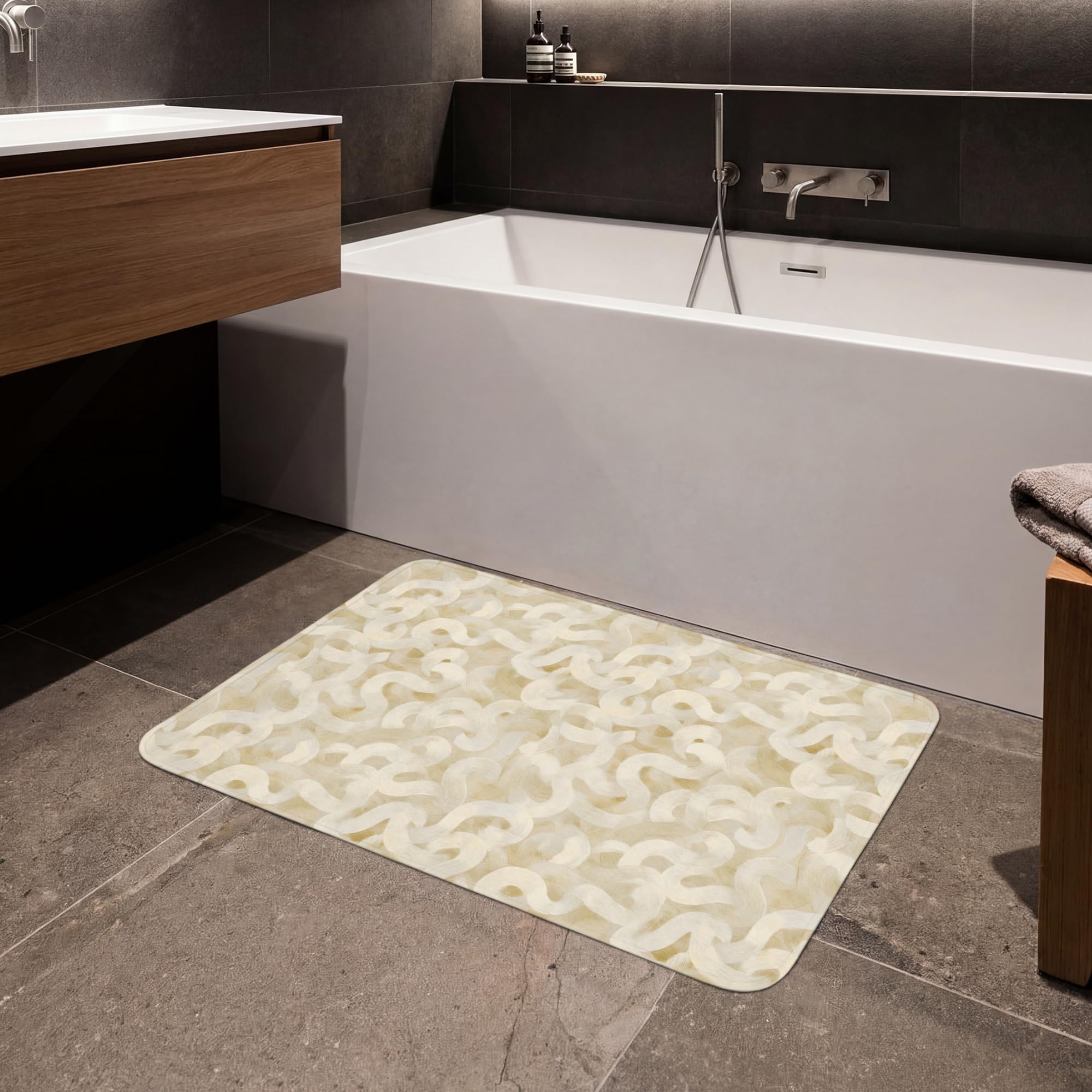 Bath Mat Rectangular 90x60 cm Alfombra Baño Alfombrilla Alfombras Ducha Lavable Antideslizante Tapete Banheiro Decoración Abstracto - Líneas - Beige