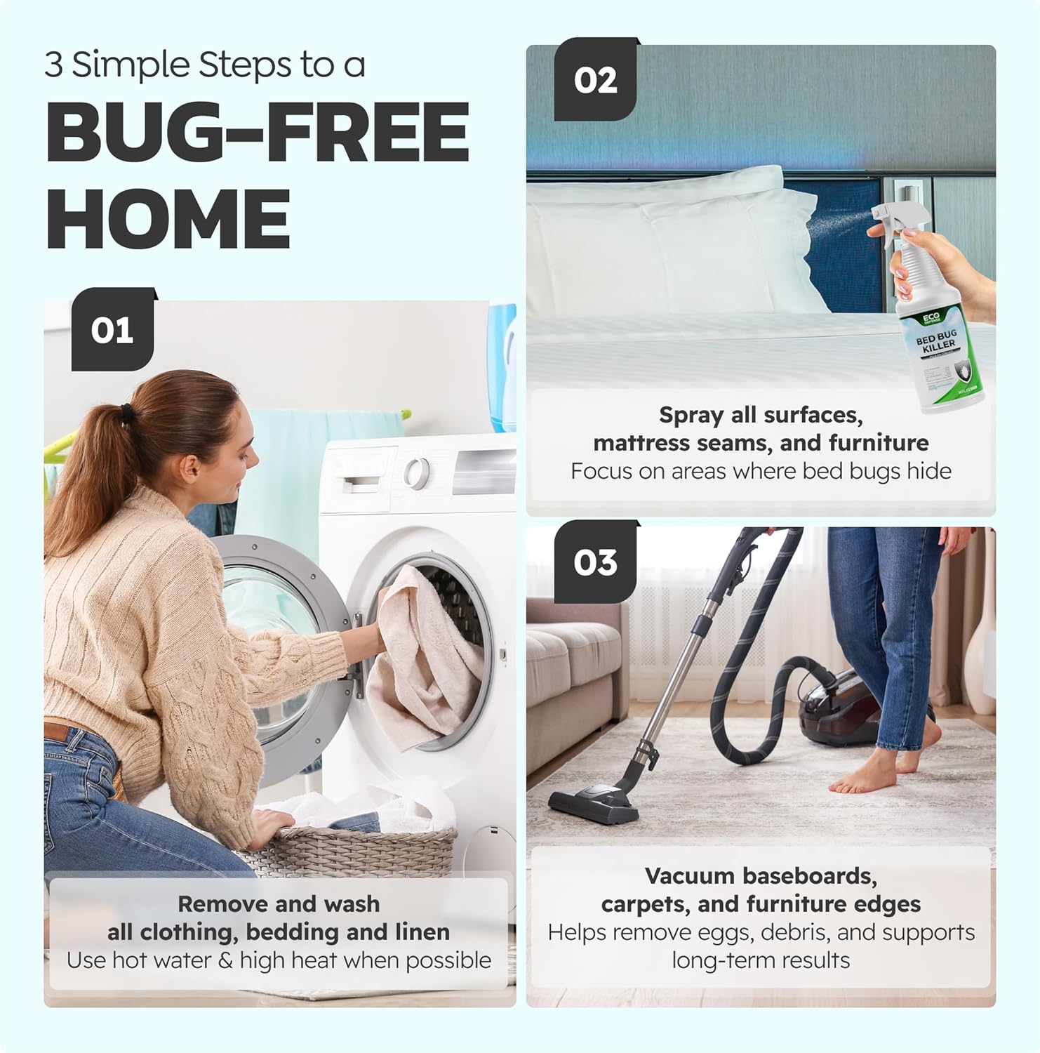Eco Defense Bed Bug Killer Spray & Bed Bug Laundry Additive – Complete Natural Bed Bug Treatment Bundle – Plant-Based, Child & Pet Friendly Protection