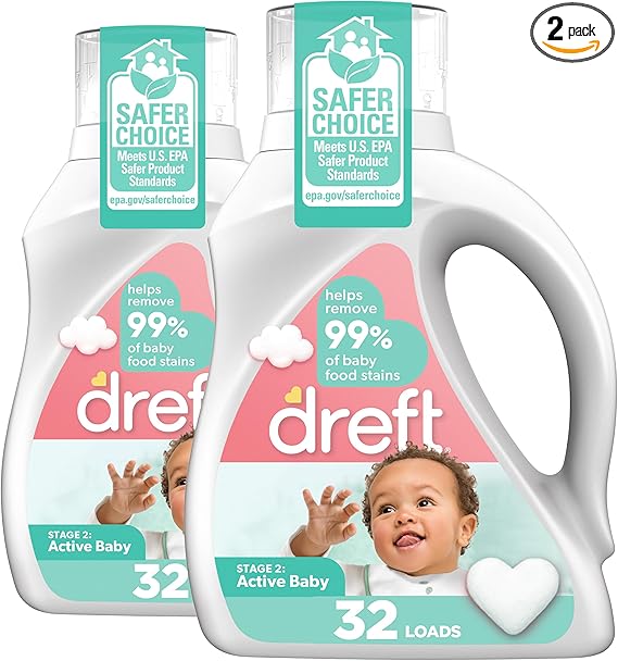 Dreft Stage 2: Baby Laundry Detergent Liquid Soap, Natural for Newborn, or Infant, HE, 64 Total Loads (Pack of 2) - Hypoallergenic for Sensitive Skin