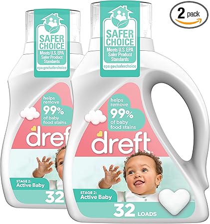 Dreft Stage 2: Baby Laundry Detergent Liquid Soap, Natural for Newborn, or Infant, HE, 64 Total Loads (Pack of 2) - Hypoallergenic for Sensitive Skin