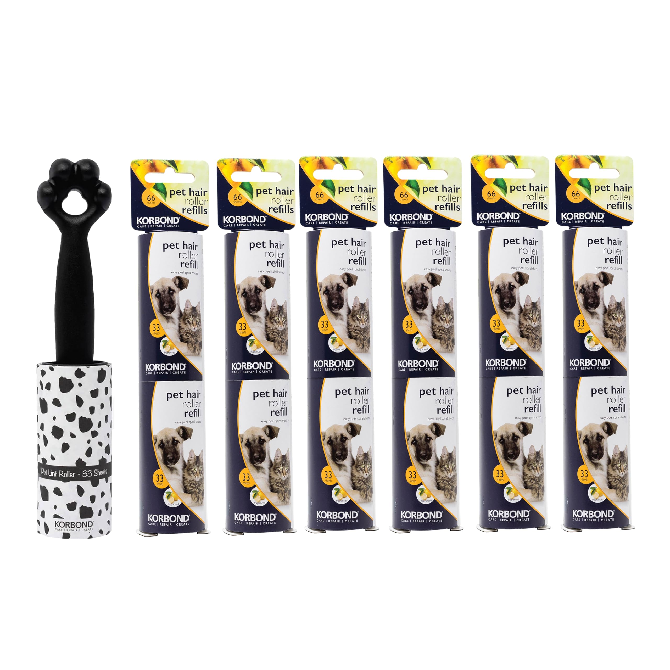 KORBOND Pet Lint Roller & Lint Refill Rolls Set, 429 Sheets, Printed Pet Roller (33) plus 12 Refill Rolls (396)