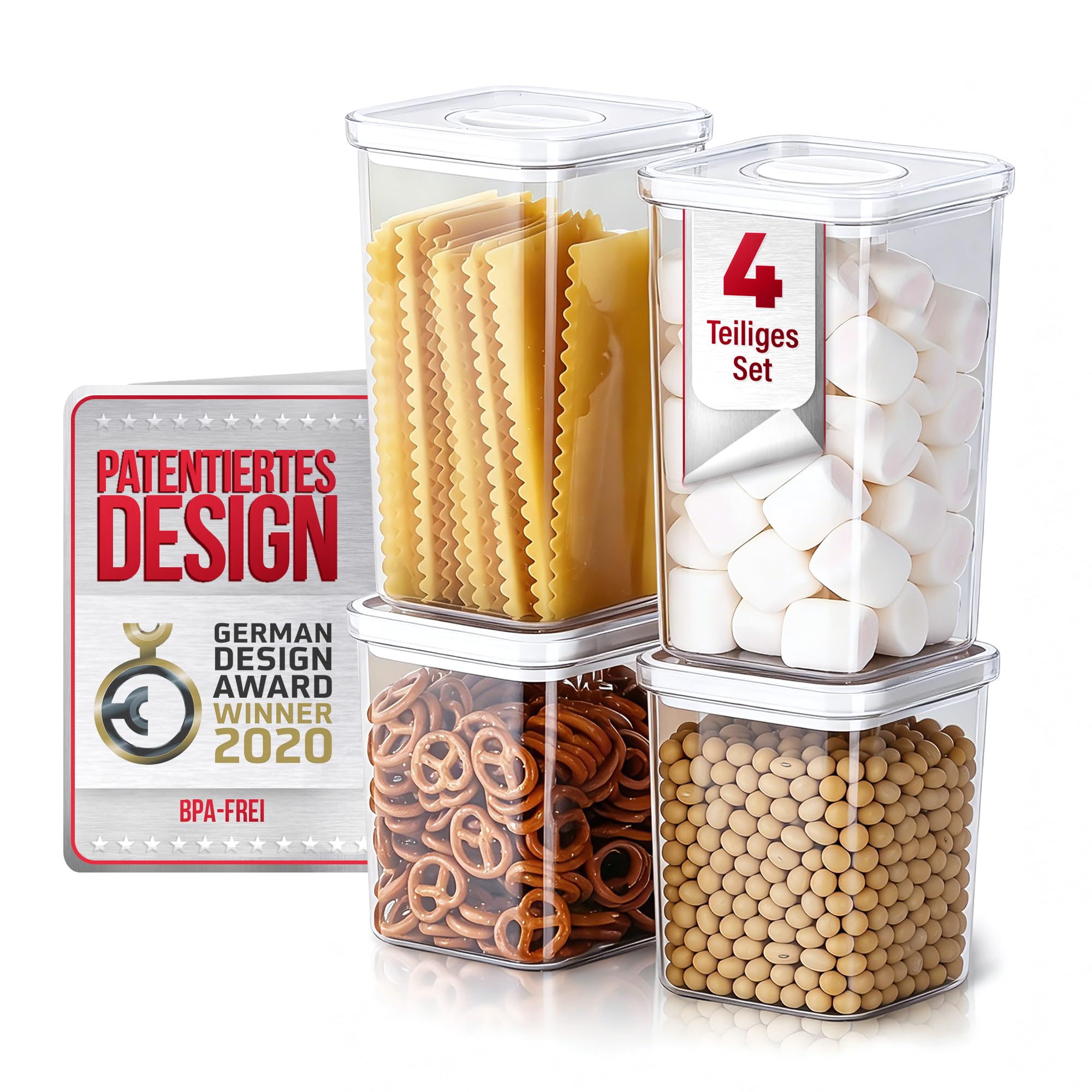Neoflam® Storage Jars with Lid Airtight & One-Handed Twist Cap, Set of 4 Storage Containers BPA-Free, Food Storage Containers for Food Storage, Transparent Lid, 2 x 1.35 L, 2 x 2.1 L