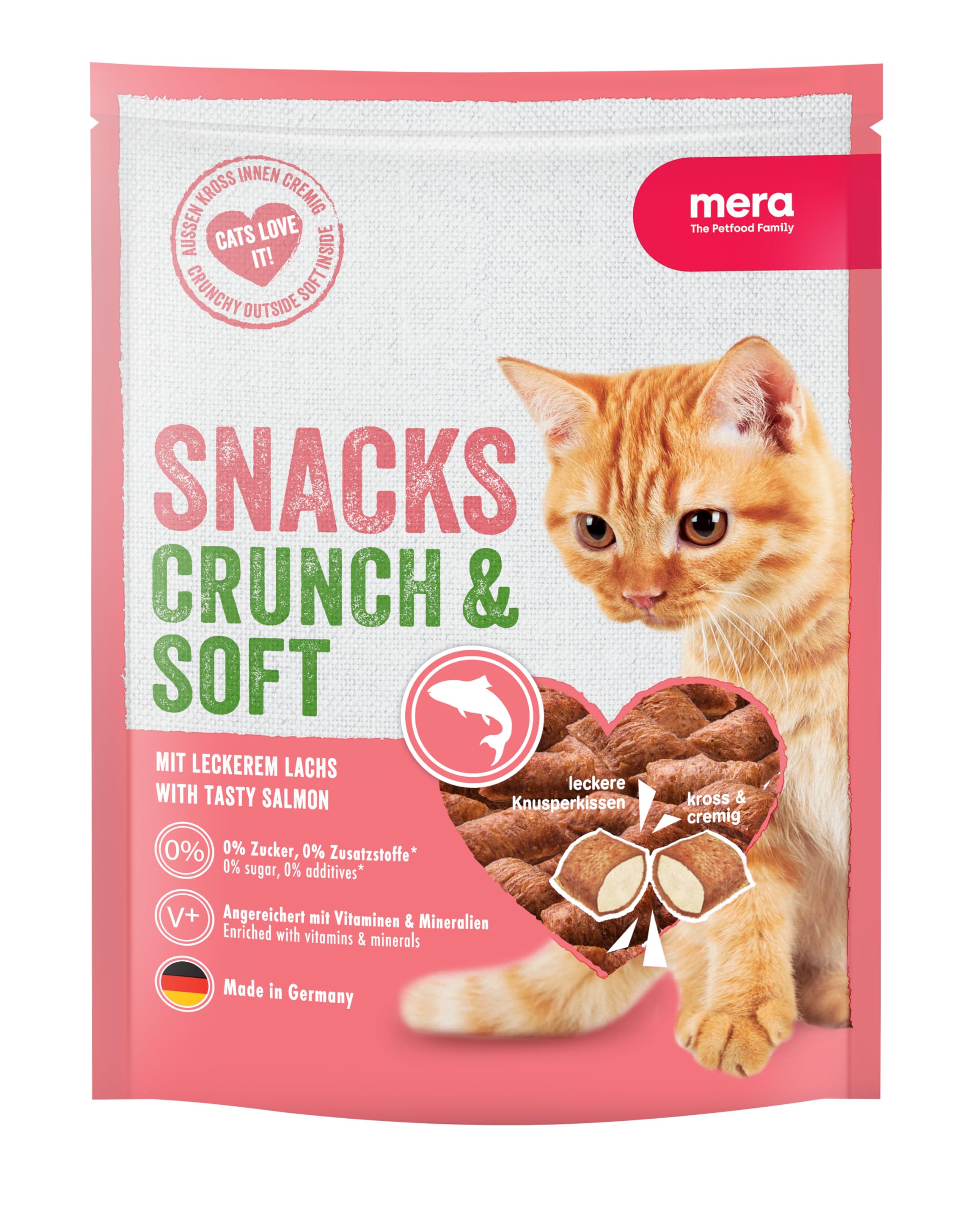 MERA The Petfood Family Crunch & Soft con salmón, deliciosos golosinas para Gatos, nutritivo Aperitivo Lleno de vitaminas y minerales, cojín crujiente con Relleno cremoso, 200 g