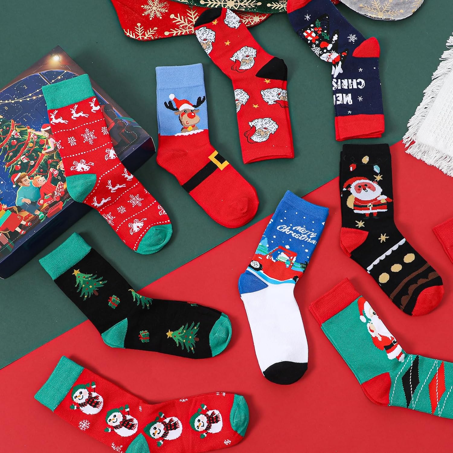 Loozykit Christmas Socks Advent Calendar 2025, 12-24 Days of Christmas Advent Calendar, Santa Elk Snowman Socks Xmas Gifts for Adult Men Women (Blue-12)