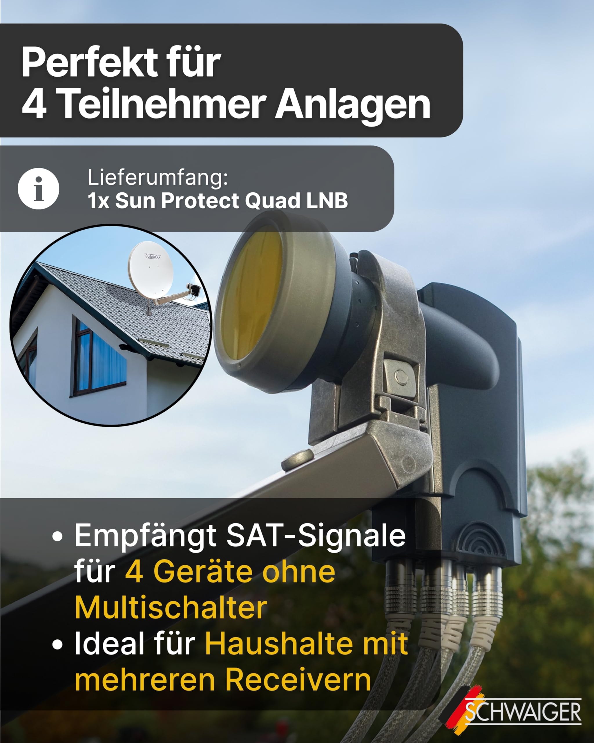 SCHWAIGER Quad LNB digital Sun Protect I Low Noise Blockconverter für 4 Teilnehmer I extrem wetterfest & geeignet für Multifeedanlagen I SAT-Zubehör für störungsfreien Empfang I anthrazit