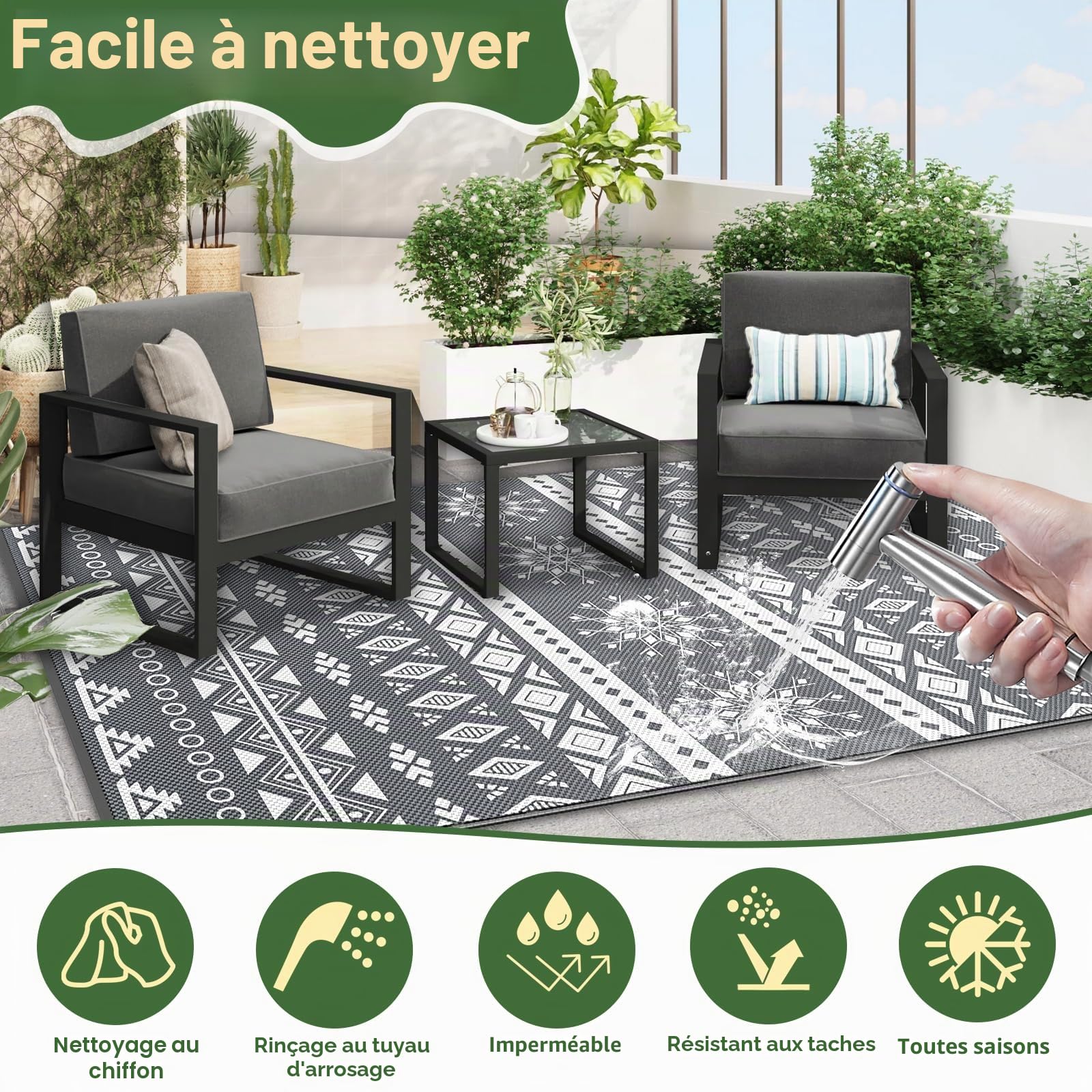 MOKANI Grand tapis d'extérieur et d'extérieur imperméable, réversible, en plastique, léger, pliable, résistant aux UV, pour camping-car, balcon, plage, terrasse - 150 x 240 cm