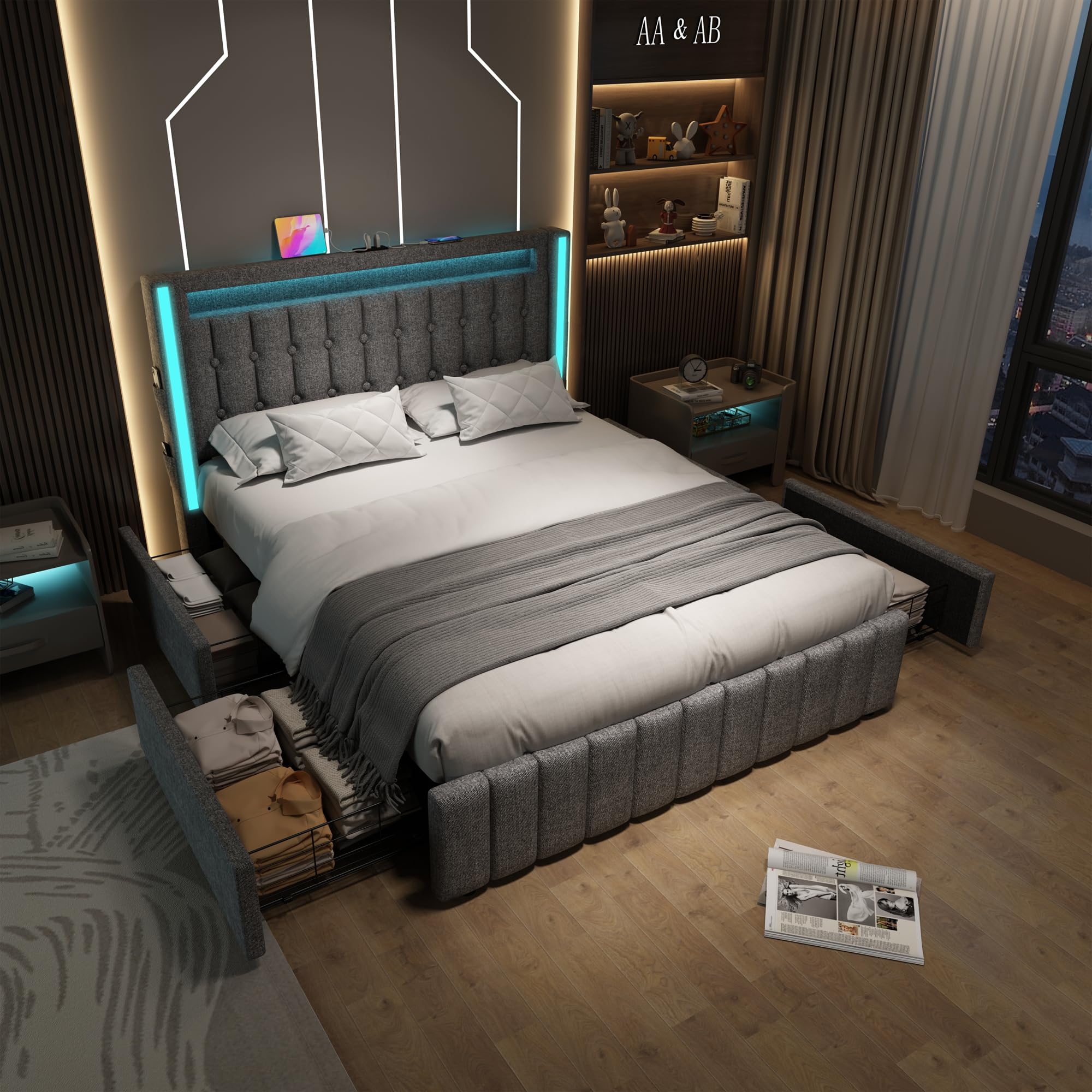 Rtopsu Letto Imbottito Letto Matrimoniale 140x200 cm con LED e USB Typ C Testata, Letti con 4 Cassetti, Struttura del Letti con Metallo e Rete a Doghe in Legno, Lino, Grigio, Senza Materasso