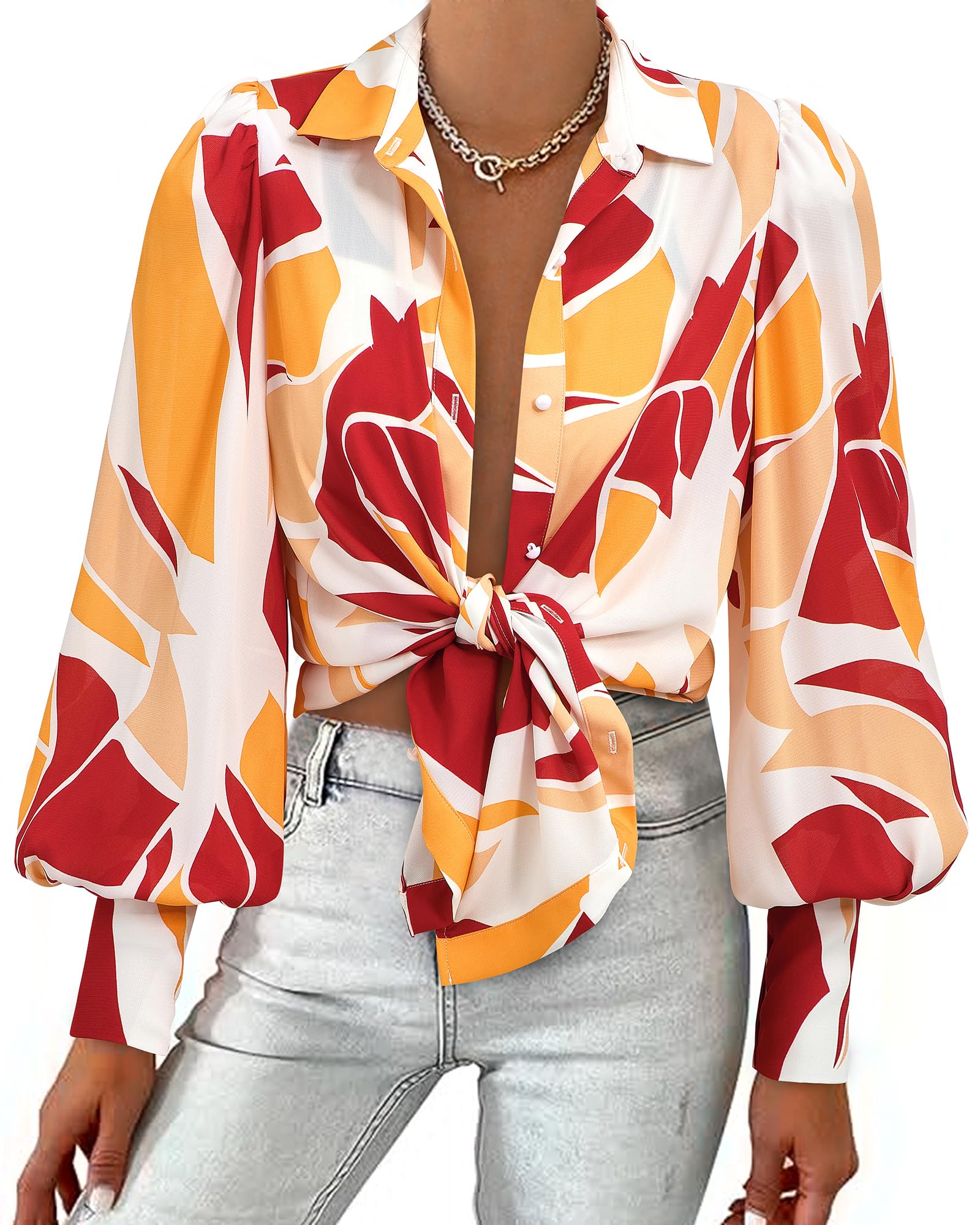 BTFBM Women Fashion Button Down Shirts 2026 V Neck Boho Printed Long Sleeve Blouses Dressy Casual Spring Fall Tops