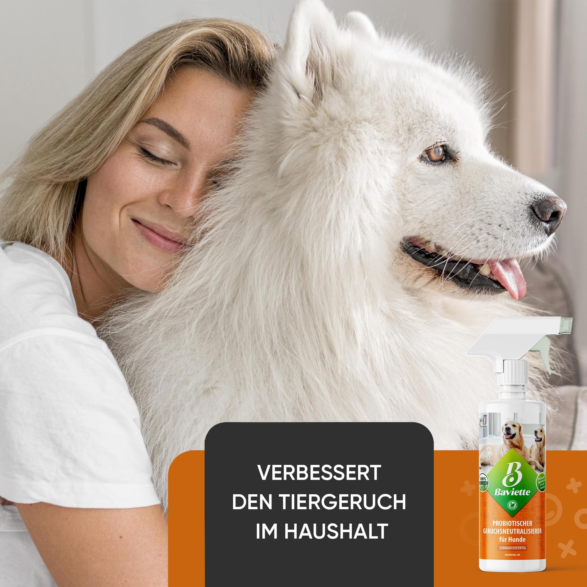 Baviette Spray 4 x 500 ml – Neutralizador de olores para hogares de Perros – con microorganismos Naturales – Inodoro, sin Cloro y Respetuoso con los Materiales – Adecuado para Textiles, Muebles