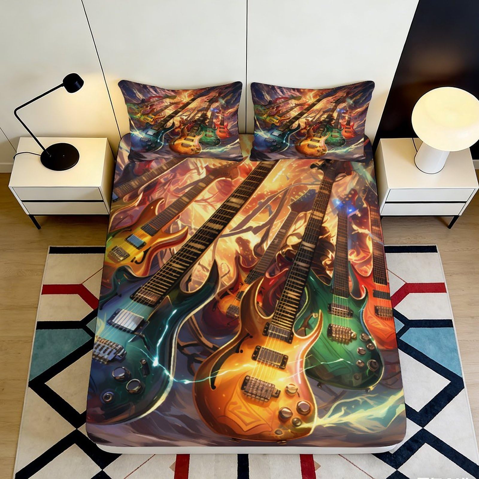 Pnayamiorkfel Style-1 3D Printed Colorful Electric Guitar Fitted Sheet Microfiber Soft Bedroom Decor Artistic Music Mattress Cover 90X200x25cm