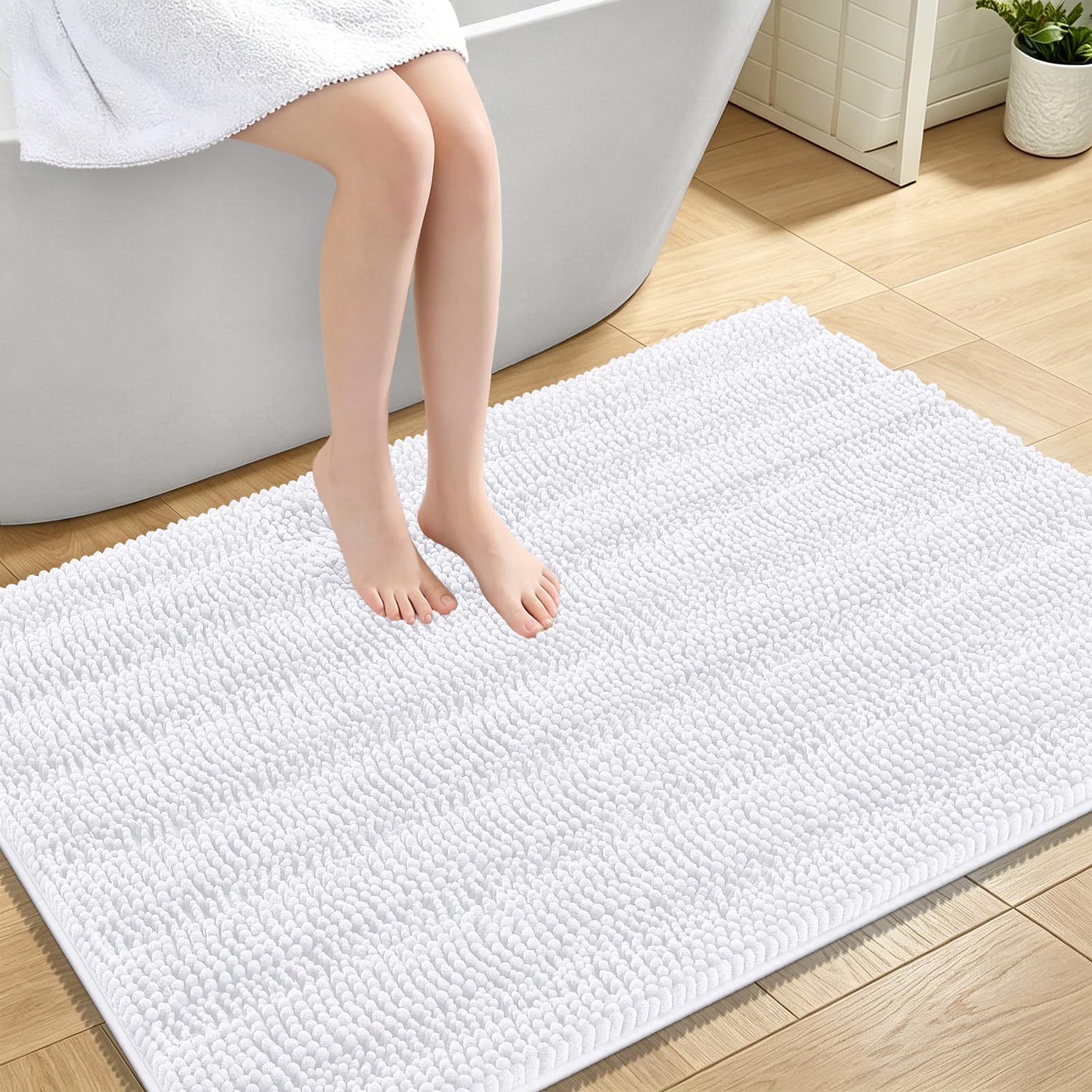 OLANLY Thick Large Bathroom Rugs 44x32, Soft Chenille Bath Rugs, White