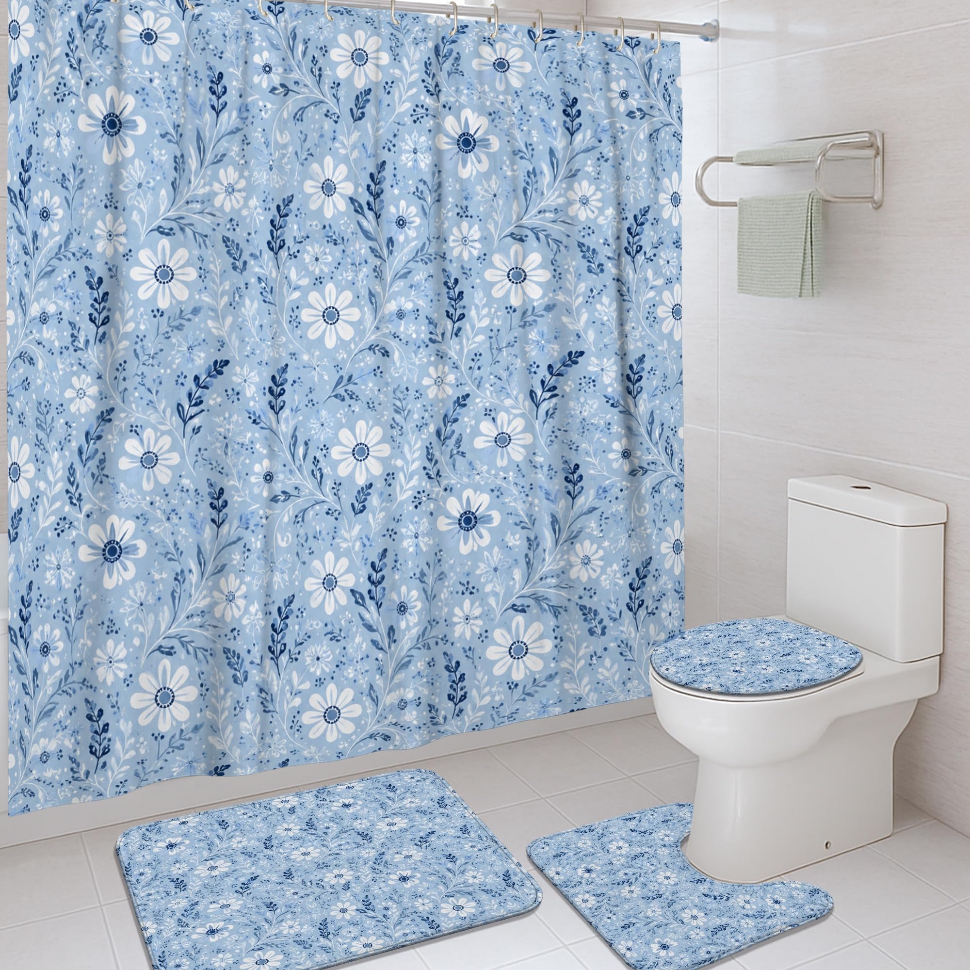 Rideau de douche de luxe pour hôtel en polyester imperméable bleu à motif feuilles de vigne