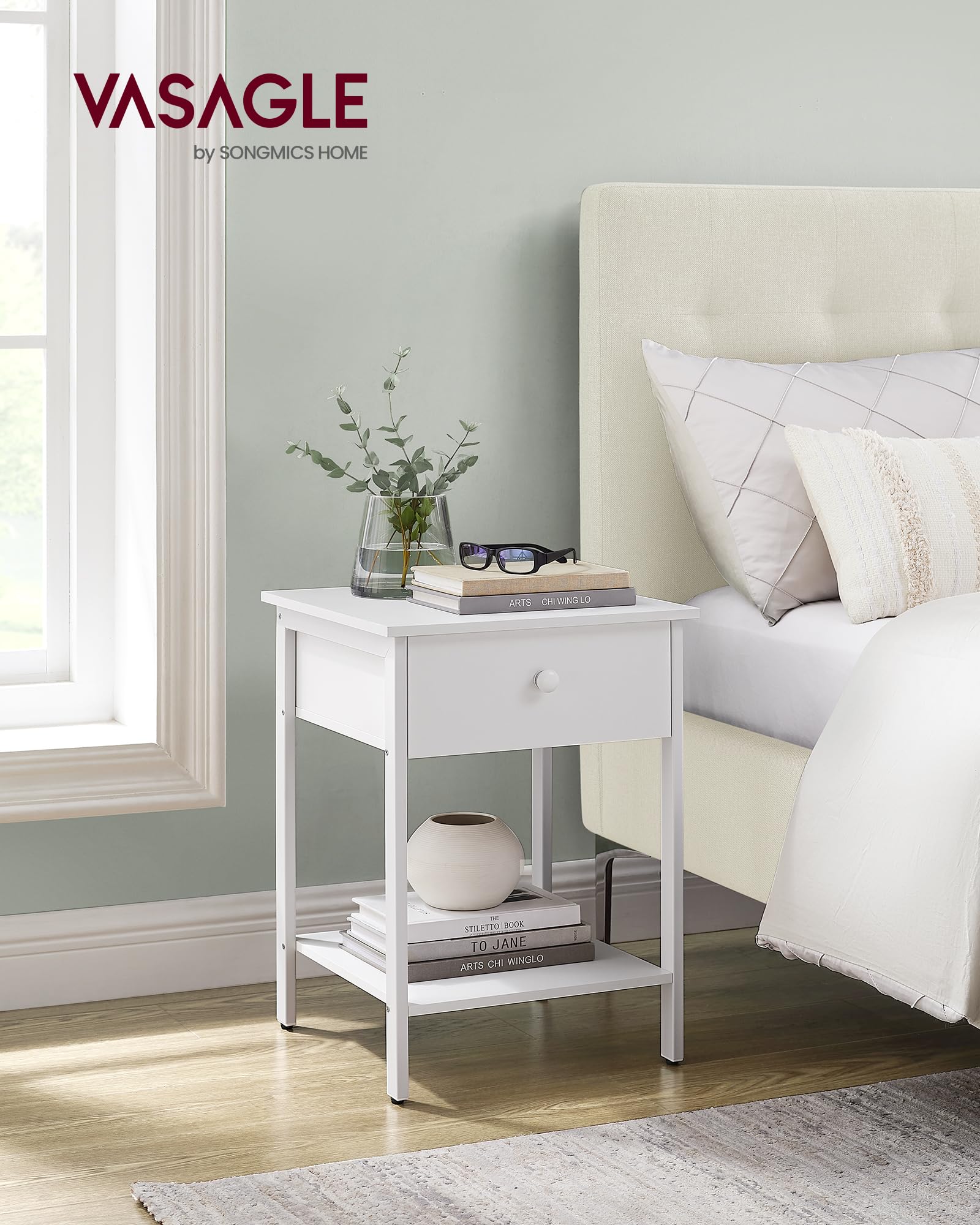 VASAGLE Set di 2 Tavolini, Comodini, con Cassetto e Ripiano, 40 x 40 x 55 cm, per Camera da Letto Soggiorno Salotto, Struttura in Metallo, Montaggio Facile, Bianco Opaco LET506W14