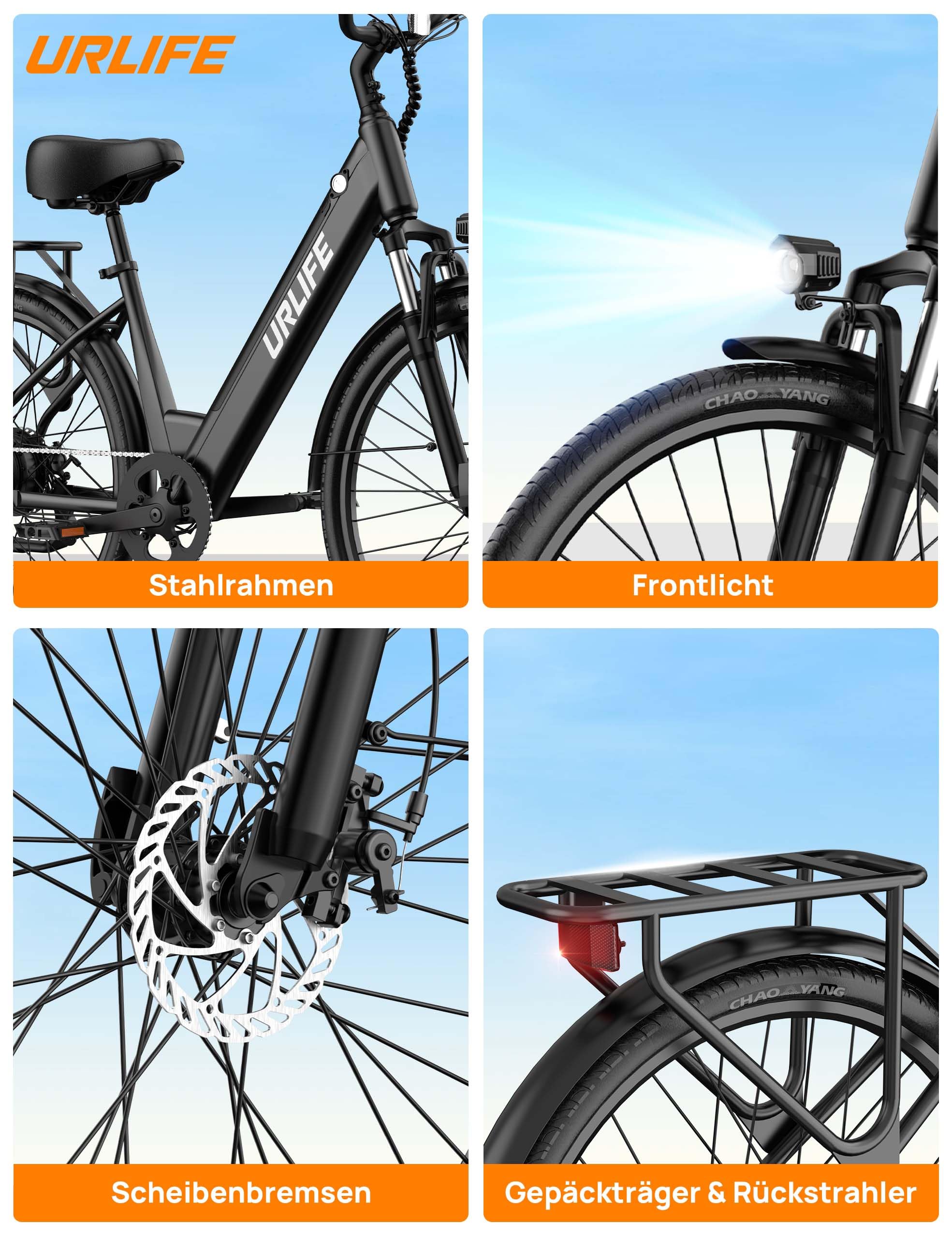 URLIFE E26 E-Bike für Erwachsene, 26" Elektro-Citybike, bis zu 80 km Reichweite, 250W Motor, 36V 13Ah herausnehmbarer Akku Elektrofahrrad, 7-Gang-Schaltung, Für Pendeln, Einkaufen und Freizeit