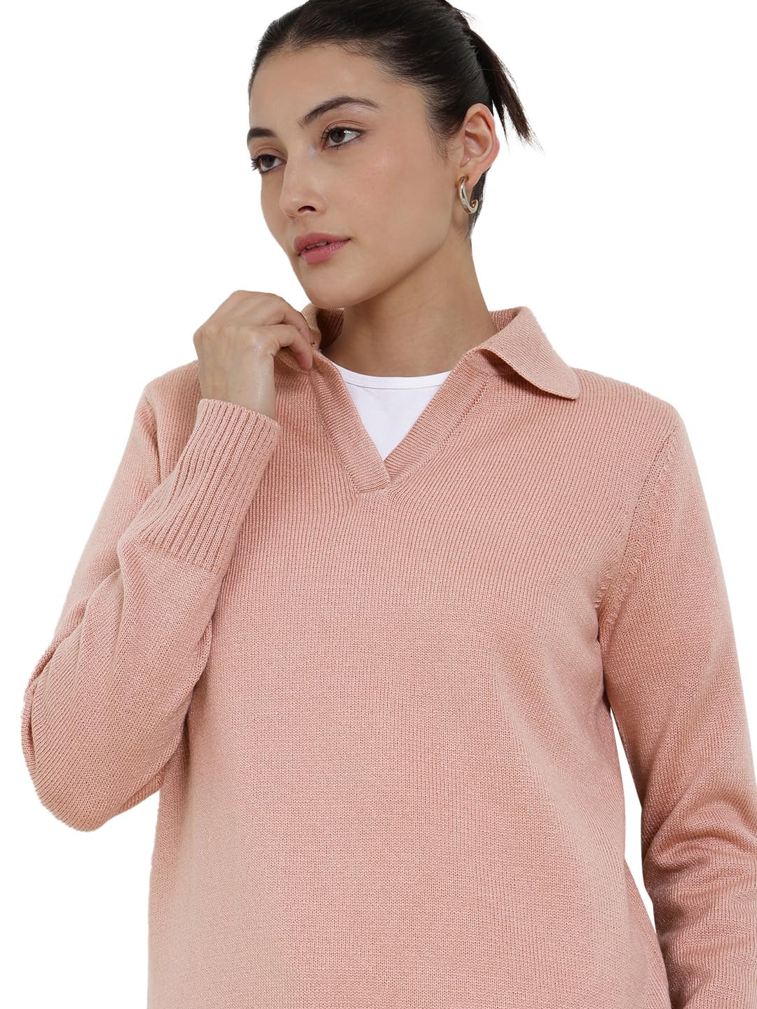 Women Sweater Casual | V-Neck Polo Collar Design with Long Sleeves & Ribbed Hem | Solid Pattern Acrylic Knit Fabric for Comfort & Layering-image-26