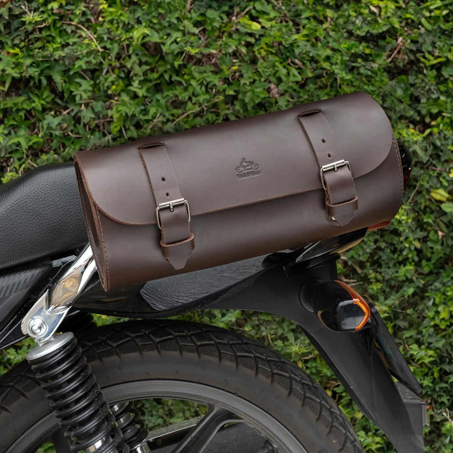 Hide & Ride, Circular Motorcycle Tool Bag, Universal Saddlebag for Motorcycle, Fork Bag for Bikers, Full Grain Leather, Handmade, Bourbon Brown