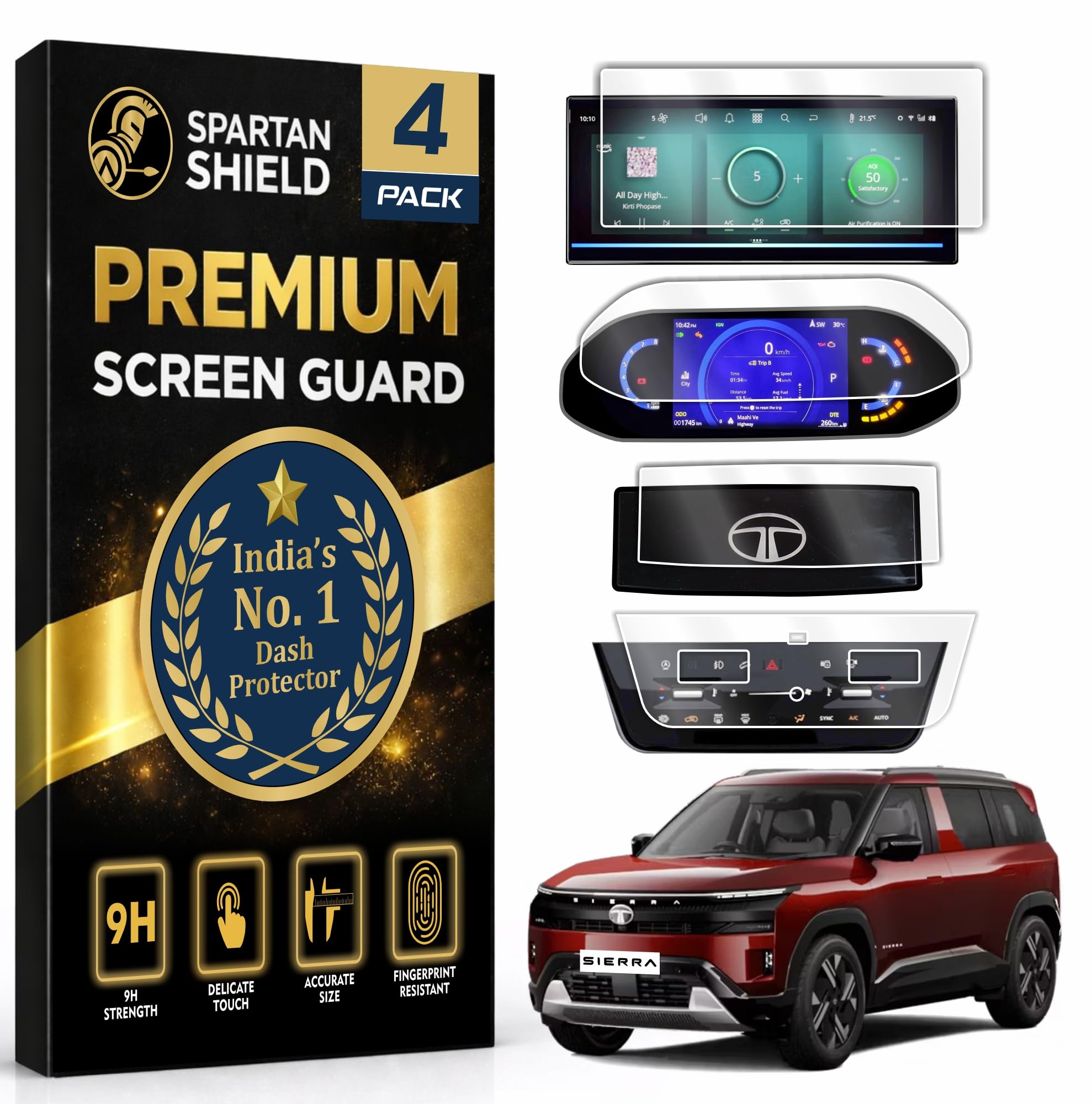 {4 pack} screen guard for tata sierra 2025+ || adventure, pure & pure+ || 10.25 inch infotainment touchscreen + 7 inch instrument cluster + ac panel + sterring cluster protector || anti scratch | water resistant | hd clarity || tatasierra car accessory 2026 [not tempered glass]