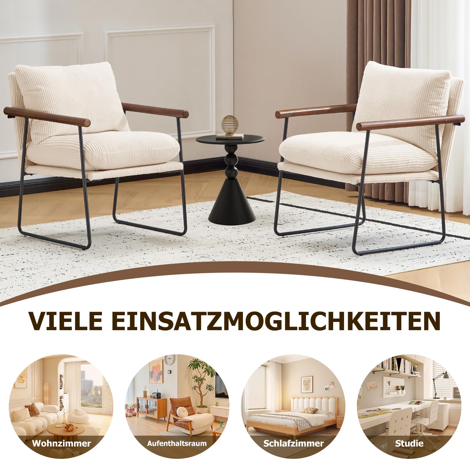 Poltrona Salotto Scandinava, Poltrona Camera da Letto con struttura in metallo, Poltroncina Imbottita Sedie Sala da Pranzo con Braccioli per Soggiorno Camera da Letto Sale da Pranzo, Beige