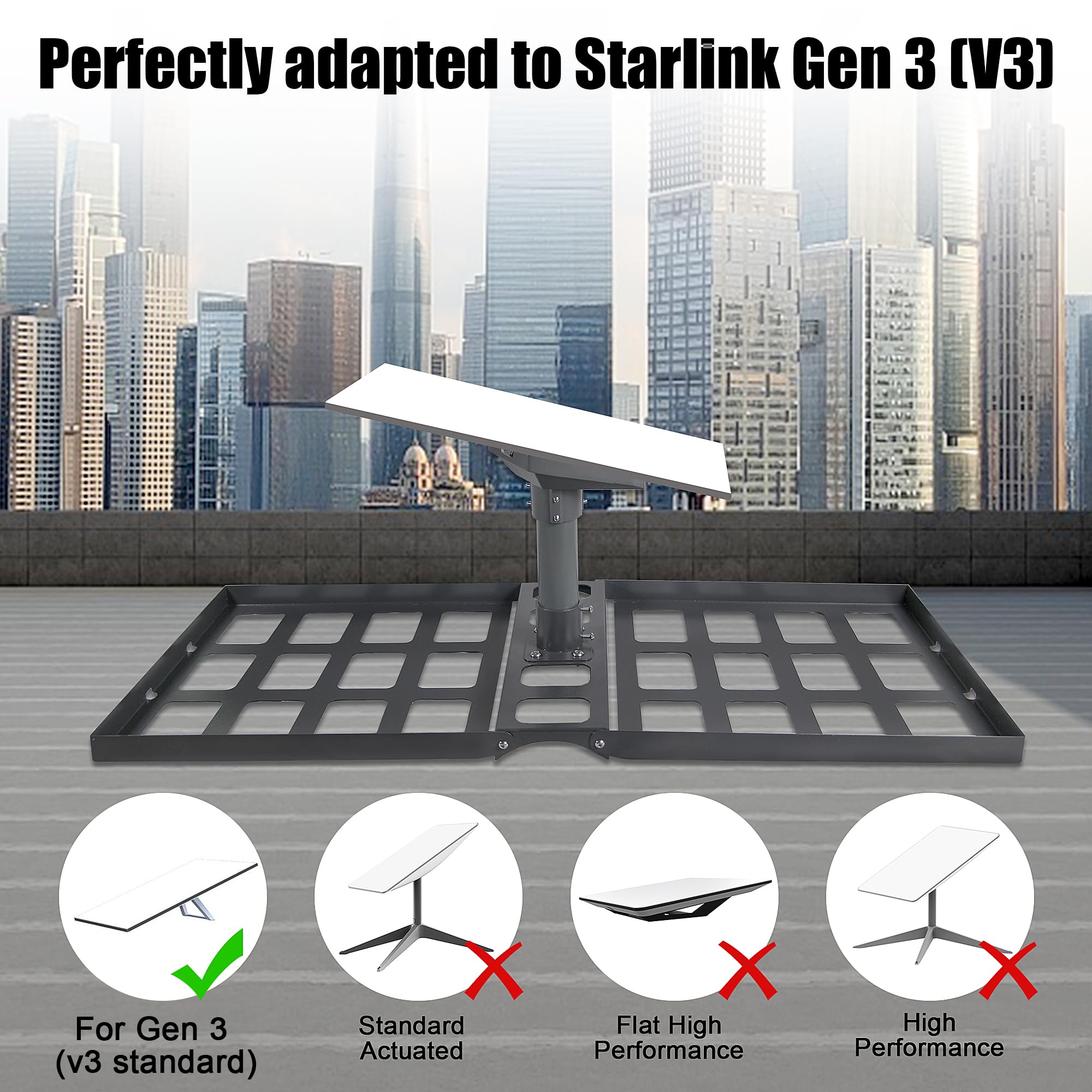Starlink Support de toit rotatif à 360° Starlink Gen 3, convient pour V3 Starlink Standard Dish, aucun perçage nécessaire, matériau en alliage d'acier, noir