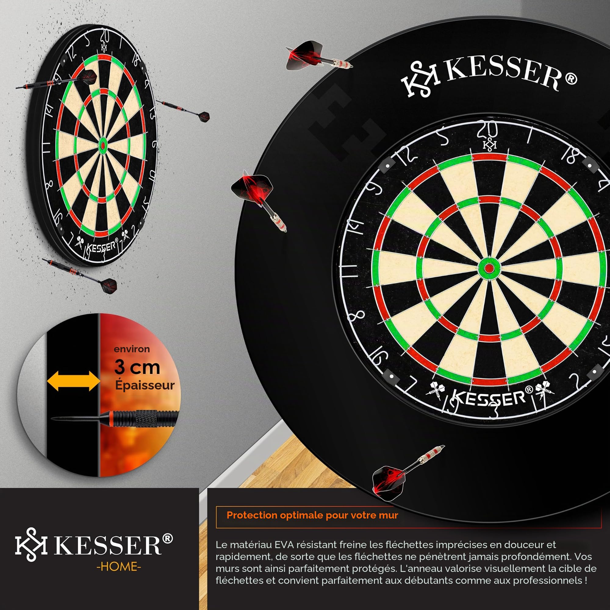 KESSER® Cible de fléchettes - Anneau de protection - Diamètre : 45 cm - Anneau de récupération rond stable - Accessoire de protection murale stable - Convient pour toutes les cibles de fléchettes -