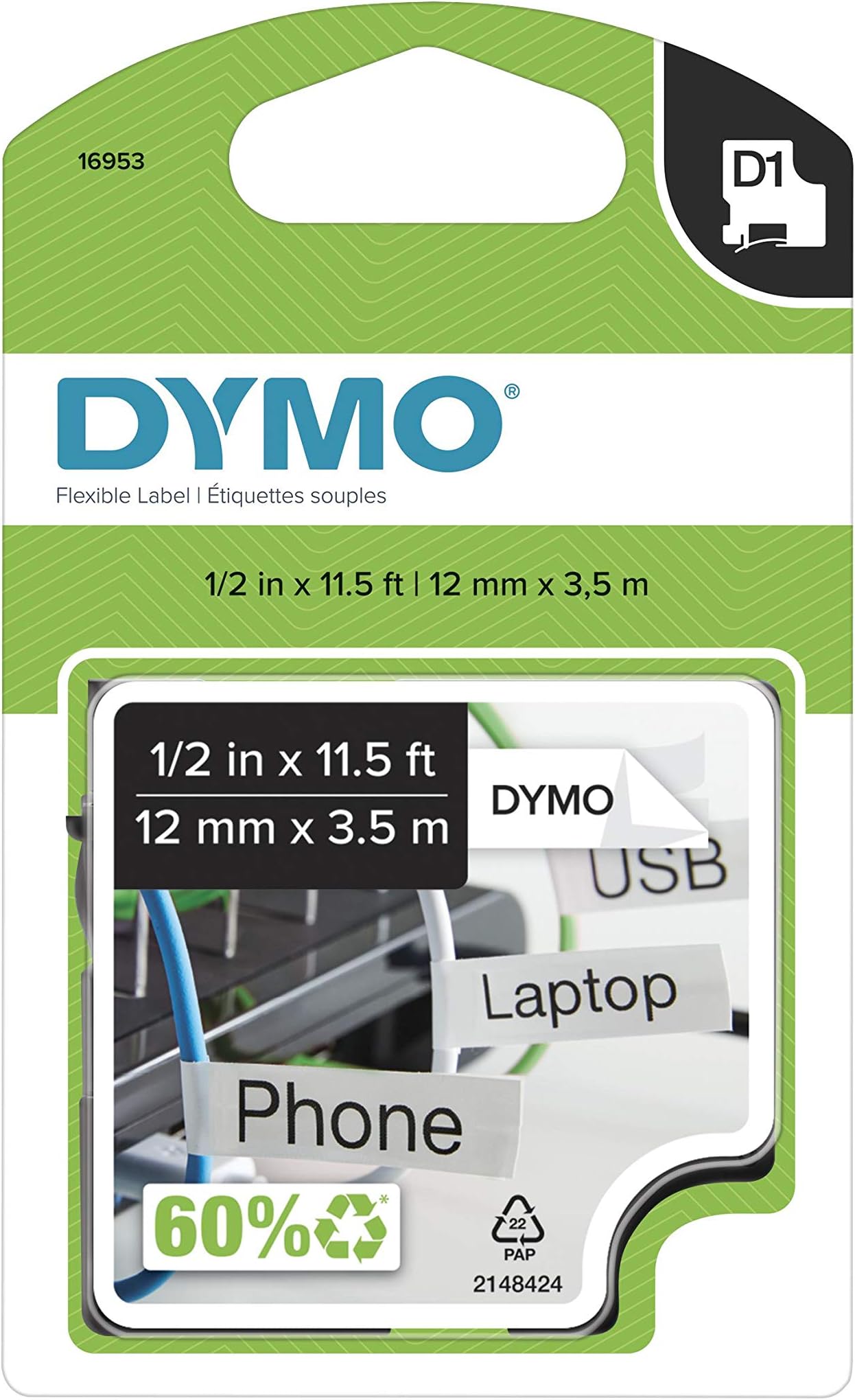 DYMO D1 High Performance Flexible Nylon Fabric Tape for Label Makers, 1/2-inch, Black Print on White, 12-Foot Cartridge (16953), DYMO Authentic