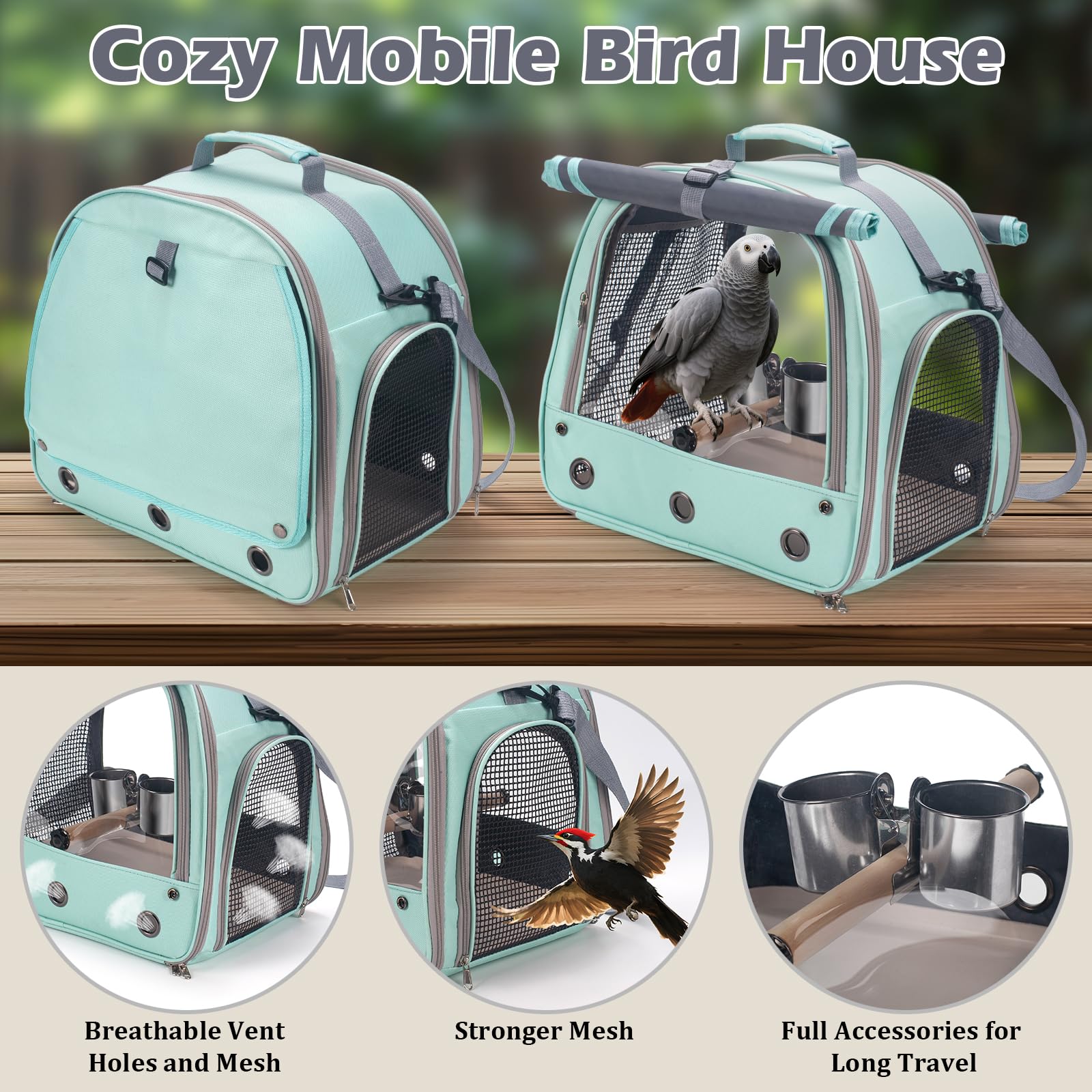 Jaula de viaje para loros con perca, cuenco de comida, bandeja y ventana transparente transpirable, bolsa de viaje para pájaros para cacatúas grises africanas Caique Conure Quaker, para veterinario