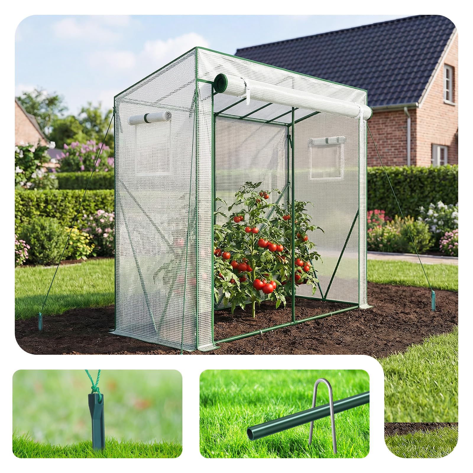 VOUNOT ® Serre de Jardin à Toit Incliné Serre à Tomate avec Grande Porte et 2 Fenêtres pour Légumes Plantes Fleurs Bâche PE Renforcée 135g/m2 Protéger Vos Plantes en Toutes Saisons 200x77x170cm Blanc