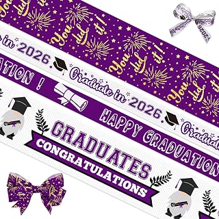 4 Rolls 20 Yard Graduation Ribbon Graduation Hat Star Printed Grosgrain Ribbons White Purple Ribbons Gift Wrapping Congratulations 2026 Gnomes You Did It Ribbon for Graduation Party Favors Decor