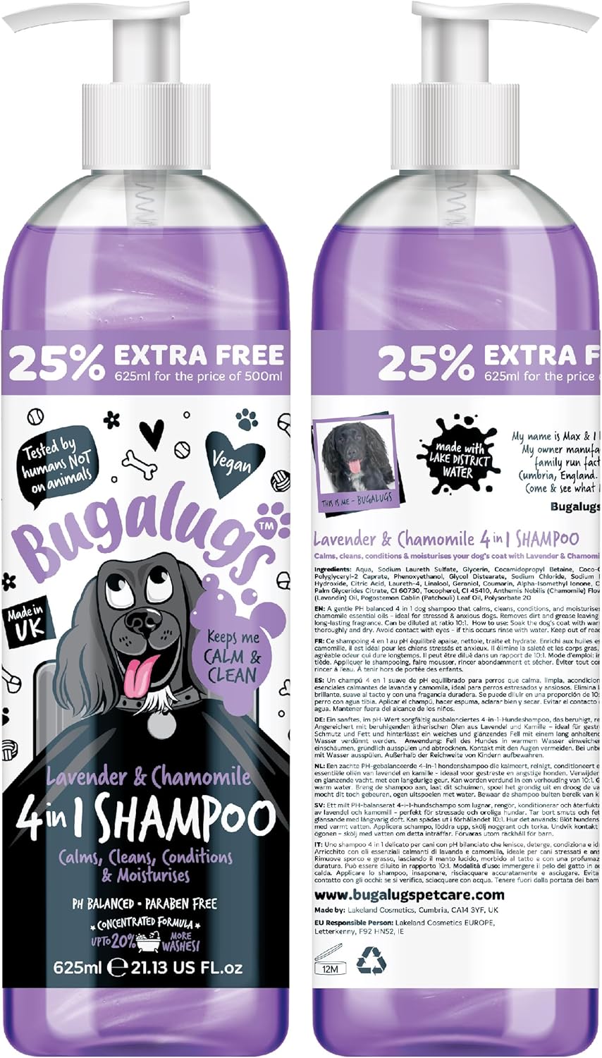 Dog Shampoo by Bugalugs lavender & chamomile 4 in 1 dog grooming shampoo products for smelly dogs, best puppy shampoo, professional groom Vegan pet shampoo & conditioner (625ml) Dog Shampoo by Bugalugs lavender & chamomile 4 in 1 dog grooming shampoo products for smelly dogs, best puppy shampoo, professional groom Vegan pet shampoo & conditioner (625ml)