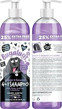 Bugalugs Lavender & Chamomile 4-in-1 Dog Shampoo and Conditioner - Professional Pet Grooming for Smelly Puppies - Vegan Formula 625ml