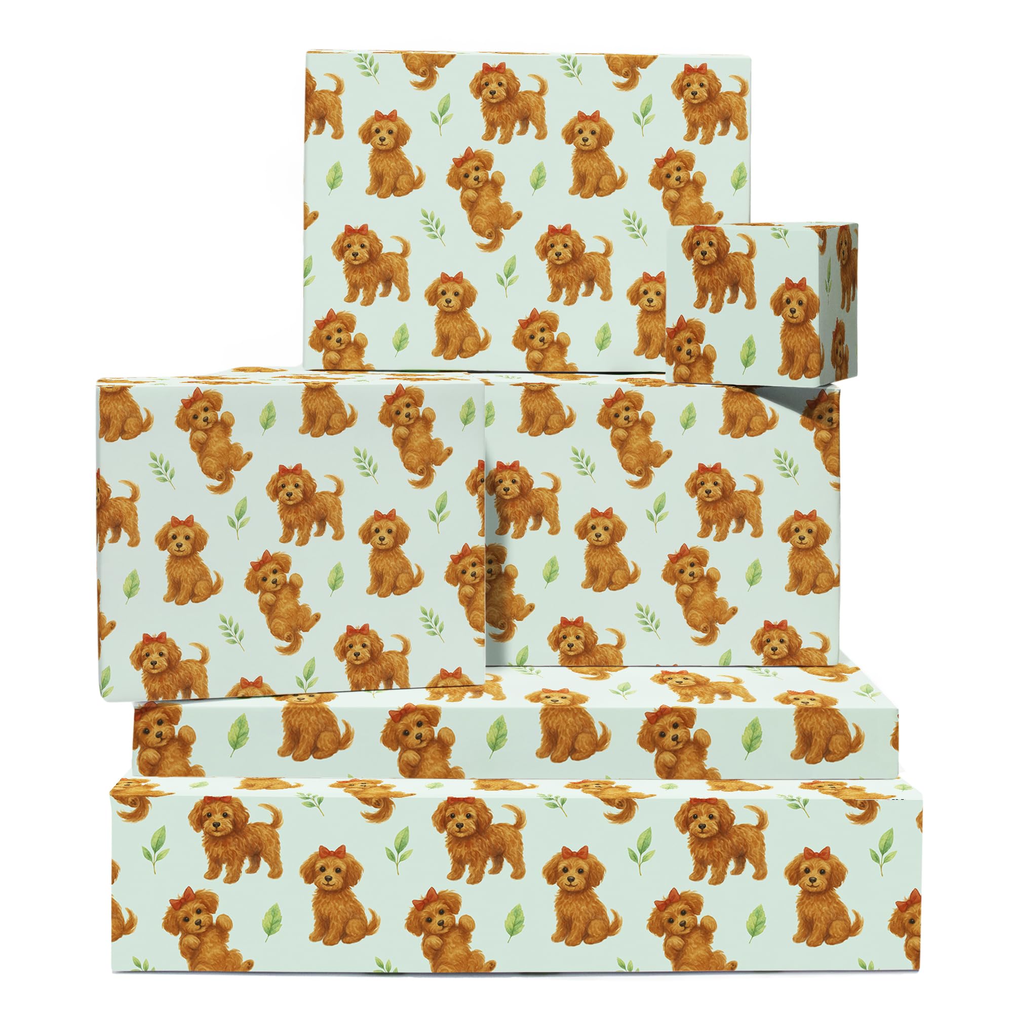 Dog Wrapping Paper - 6 Sheets Gift Wrap for Dog Lovers Kids or Women - C*ckapoo Birthday Christmas Pet Theme - Cute Brown Puppies Mint Green - Recyclable - Comes with Tags by Central 23