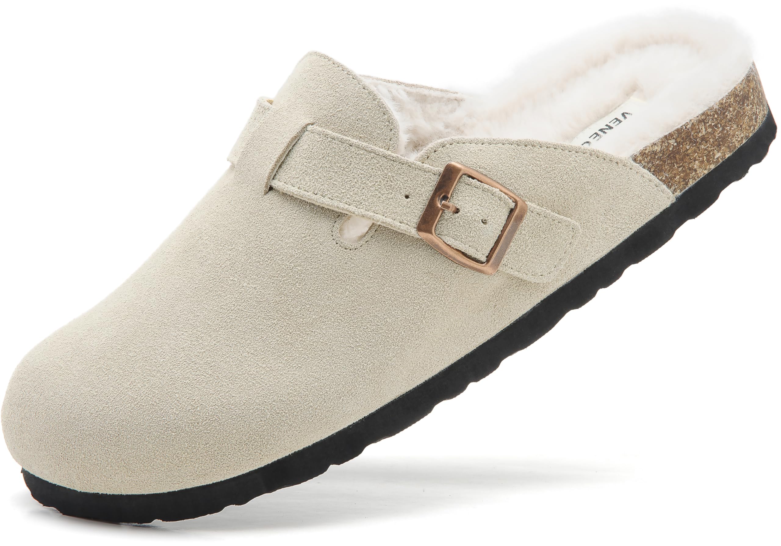 VENECORE Erica Women's Cork Footbed Clogs Genuine Soft Suede Fuzzy Faux Fur Lined Comfort Cushioned Mule Slide Shoes