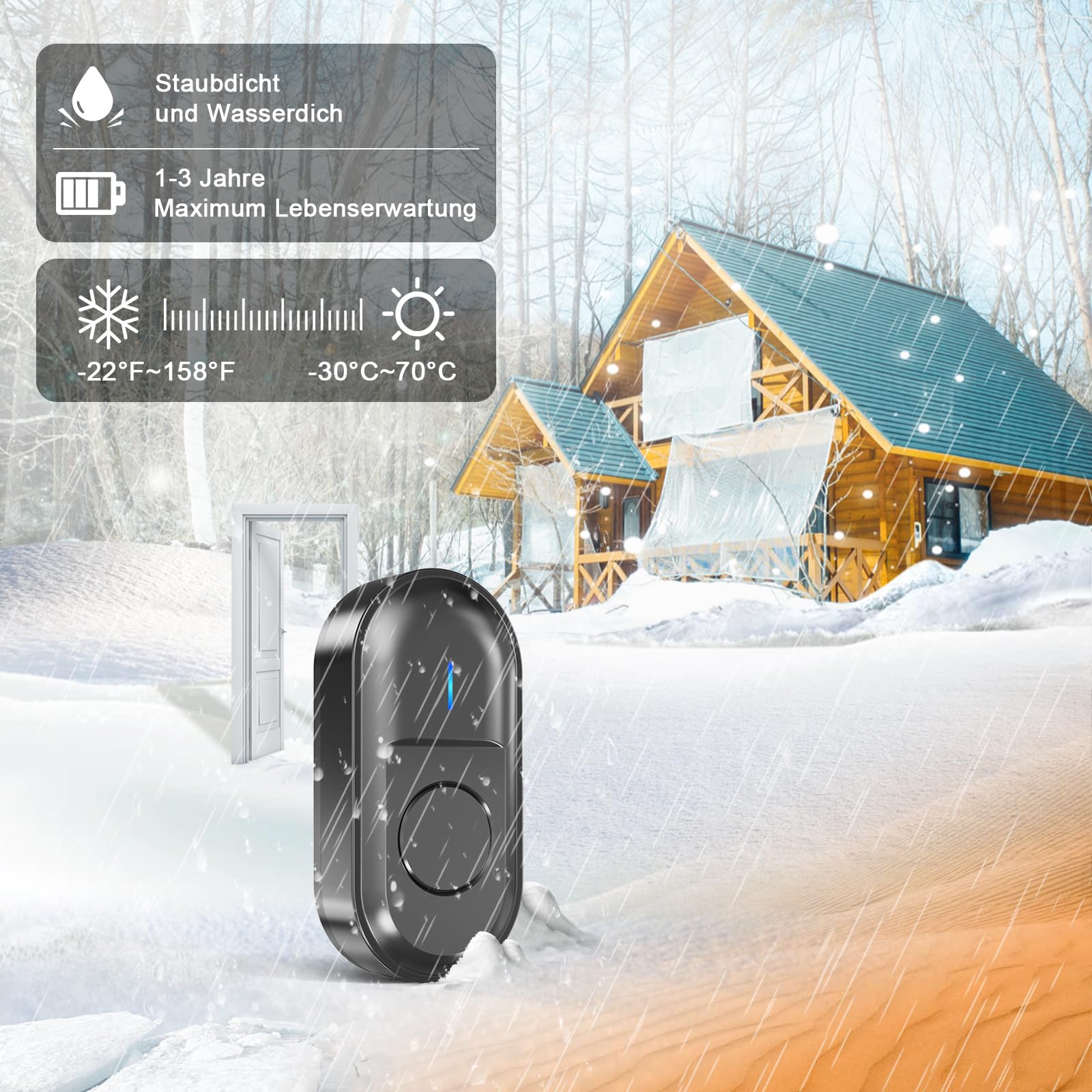 Draadloze deurbel, 300 m bereik, draadloze deurbel, IP55, waterdicht, 55 beltonen, 5 standen, volumeregeling, blauwe led, draadloze belkit, 1 batterijzender, 1 plug-in ontvanger