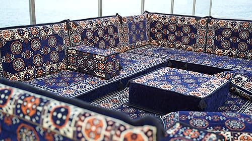 Miniatura 4 de arabicsofa Juego de sofá de asiento bajo Majlis árabe azul marino, fundas lavables para sala de estar, cojines de suelo turcos